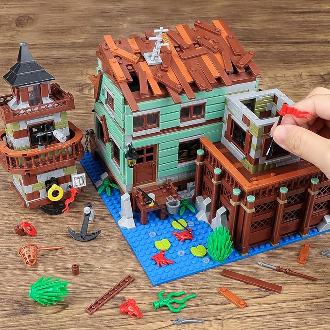 Fishing Village Store House Building Set with LED Light 1881 PCS Wood Cabin Mini Building Block STEM Architecture Toys Kit Birthday Gift for Adults Ages 8-12+ Years(Not Compatible with Set )