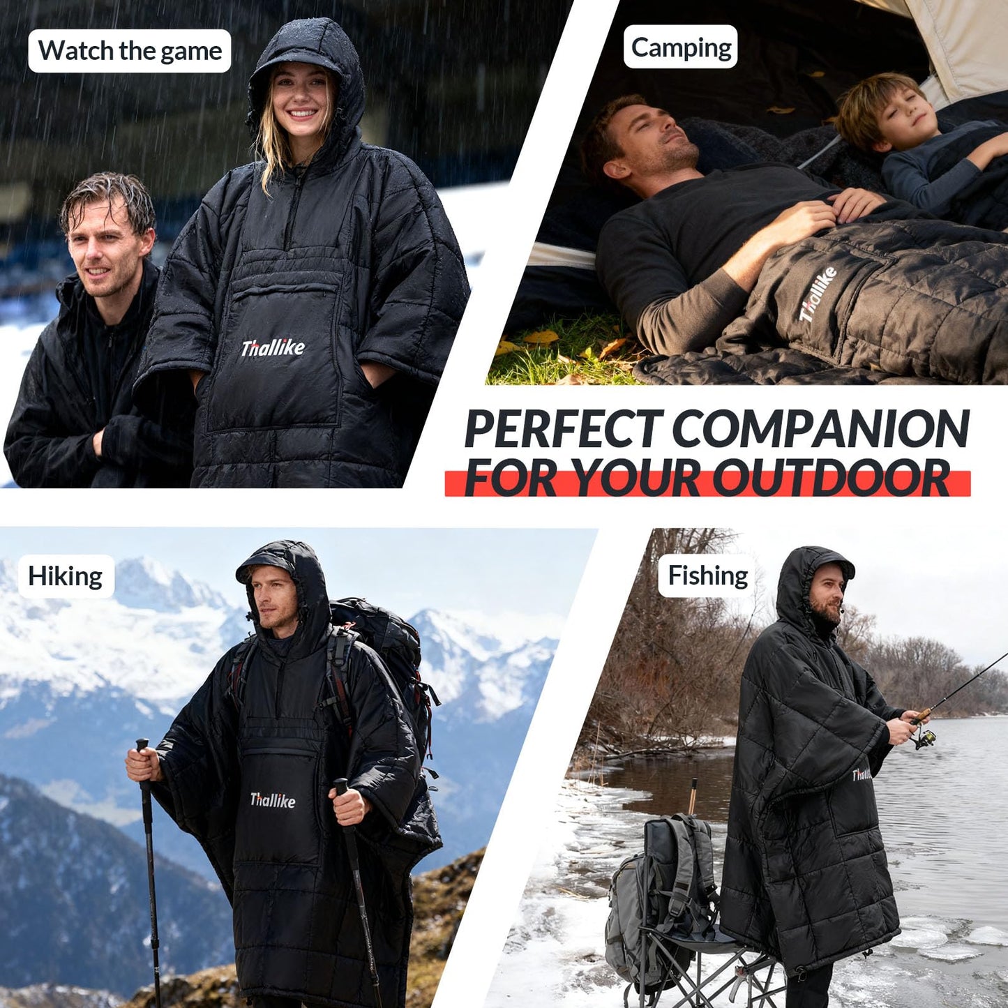 Thallike 3 Person Outdoor Camping Chair & Warm Oversized Camping Blanket with Hood