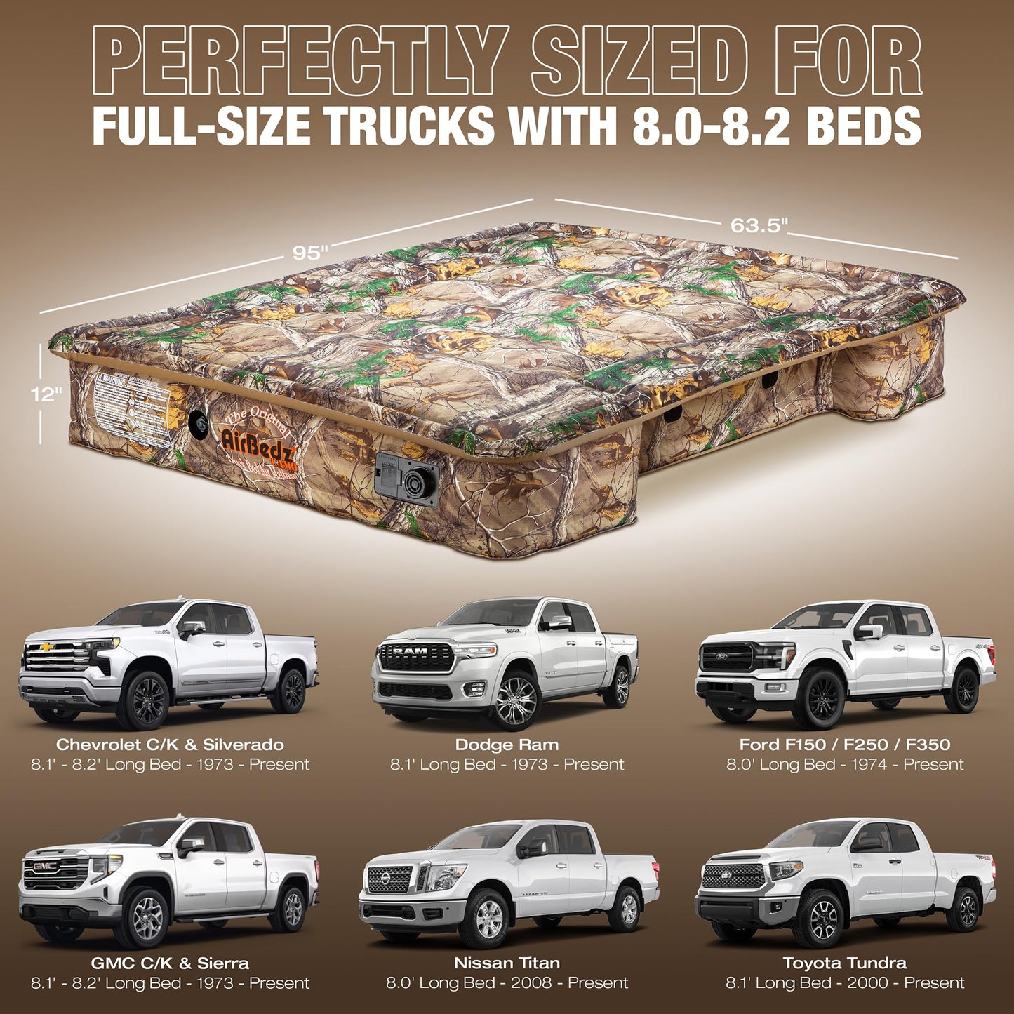 Pittman Outdoors AirBedz Mattress – Truck Bed Air Mattress, 25% More Coverage, Built-in Rechargeable Pump, Carry Bag & Repair Kit - Full-Size 8’+ Long Bed, Realtree Camouflage, PPI-401