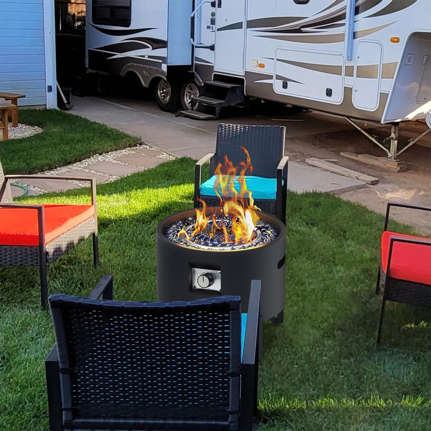 BAIDE HOME Portable Propane Fire Pit for Camping RV 50,000 BTU Round 15'' H x 16'' W Portable Gas Firepit W/Lid, Glass Rocks & Weather Resistant for Outdoors, Propane Extension Hose, Black