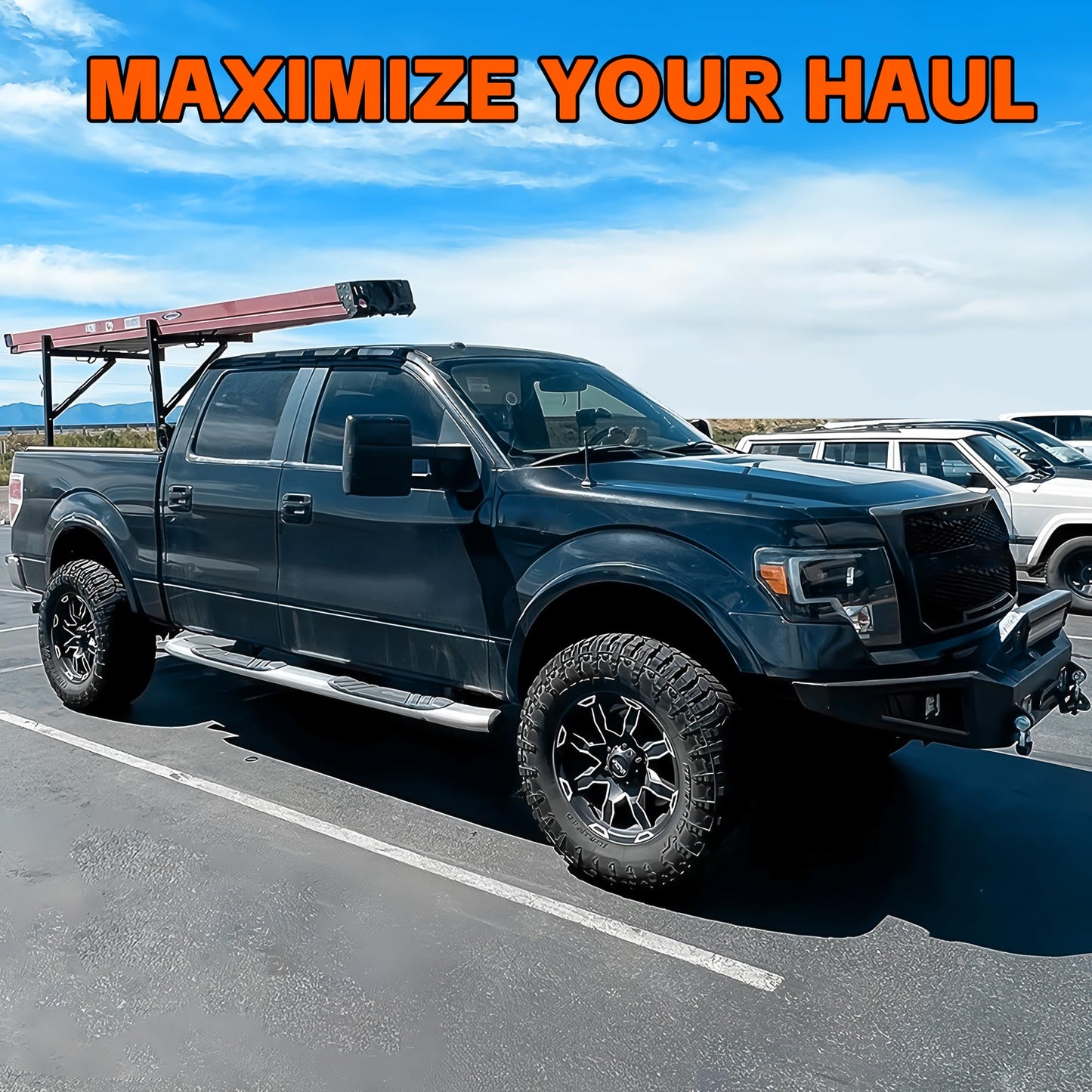 MAXXHAUL Heavy Duty Truck Ladder Rack - Side Mount Alloy Steel, Adjustable 19-34 Inch Arms, 250 lb Capacity, Powder Coat Finish (70233)