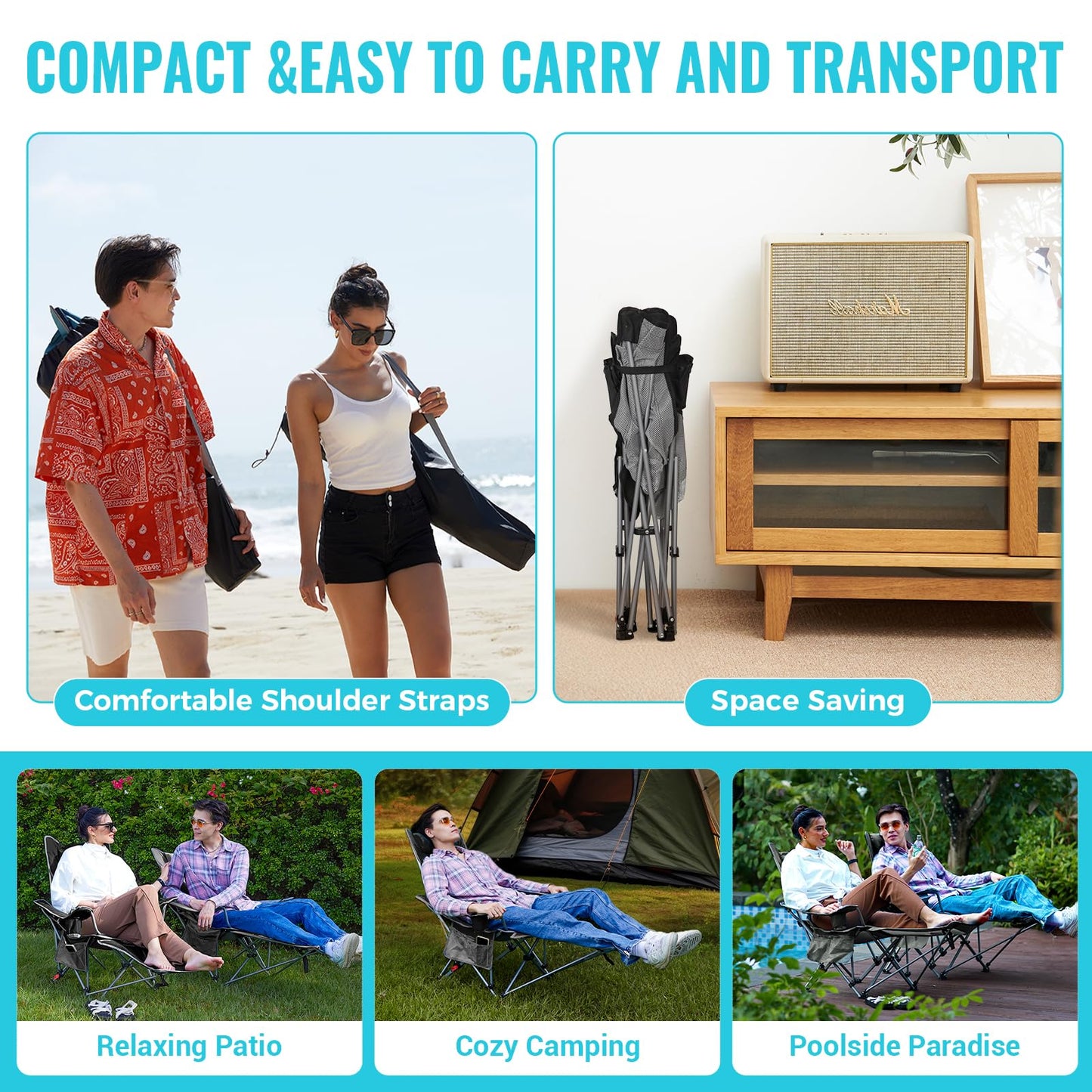 #WEJOY 2-in-1 Reclining Camping Chair with Footrest for Adults Folding Lounge Chair with Adjustable Backrest Lightweight Camping Chairs Heavy Duty Camp Chairs for Outdoor (2 Pack Black Grey)