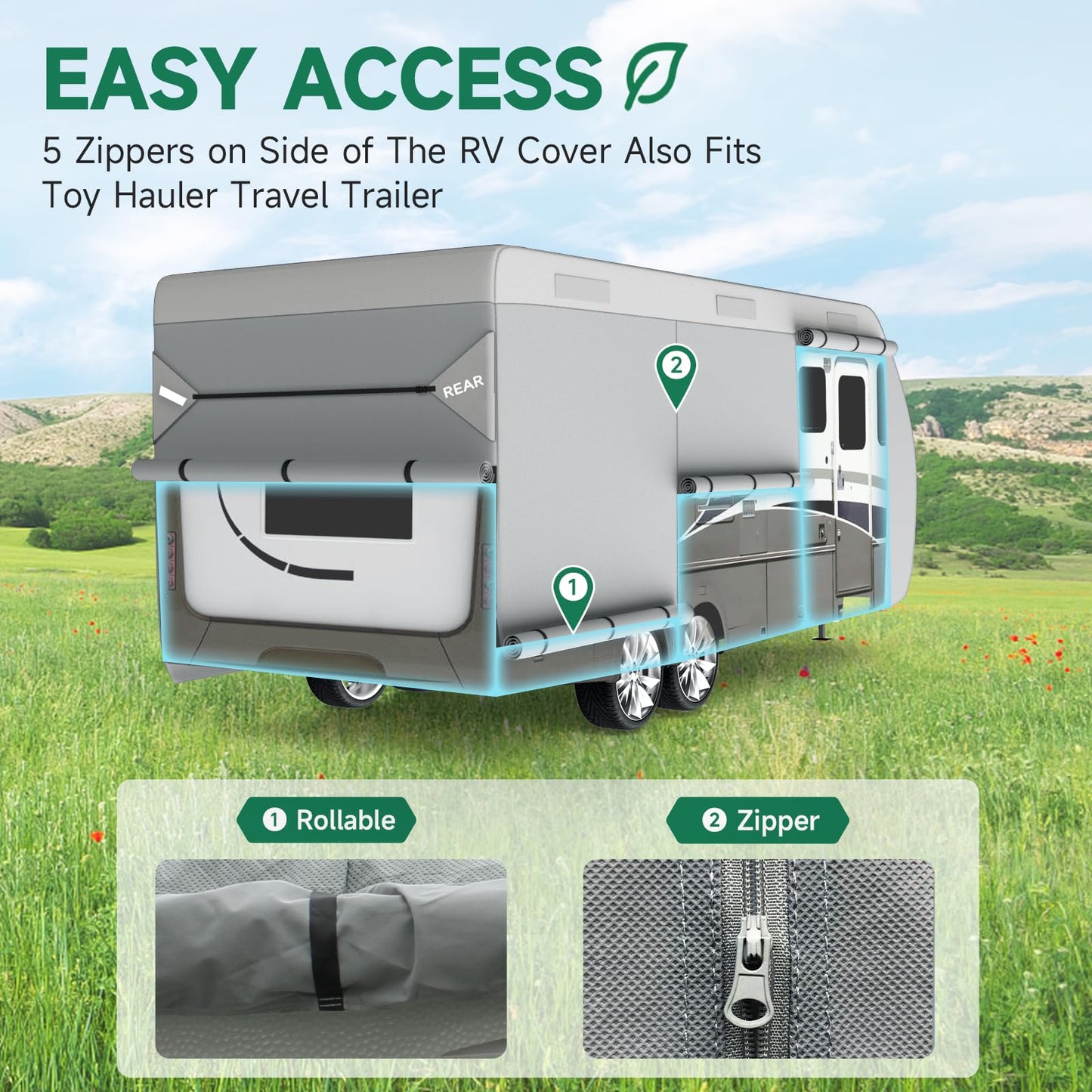 Umbrauto RV Cover Fits 33-35ft Travel Trailer: Lightweight, Waterproof Camper Cover for Toy Hauler, Winter Campsite, with Gutter Covers, Tongne Jack Covers, Windproof Straps