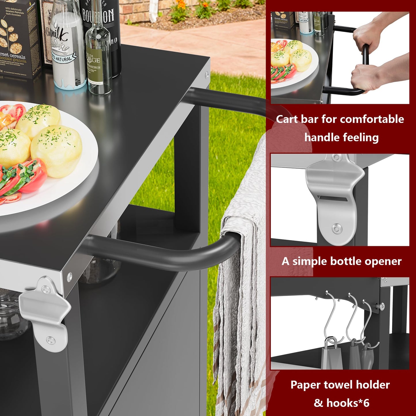 Vongrasig Outdoor Grill Cart, Patio Kitchen Island with Storage, Outdoor Bar Table BBQ Cart Pizza Oven Table with Foldable Stainless Steel Top & Wheels, Black