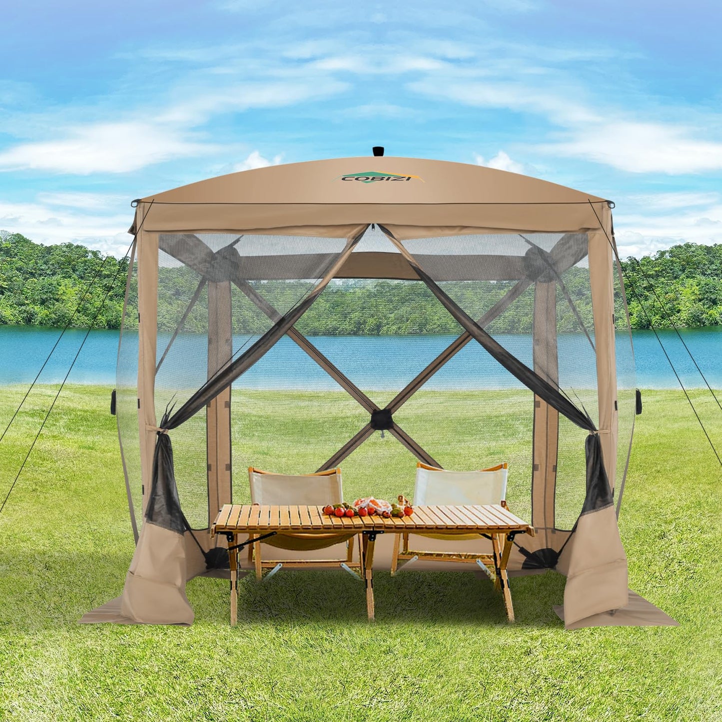 COBIZI 6x6 FT Pop up Gazebo Tent, Waterproof Instant Screen with Mosquito Netting, Portable Outdoor Small Screen Tents Sun Shelter, carpas para Patio for Outdoor Camping, Backyard and Garden, Khaki