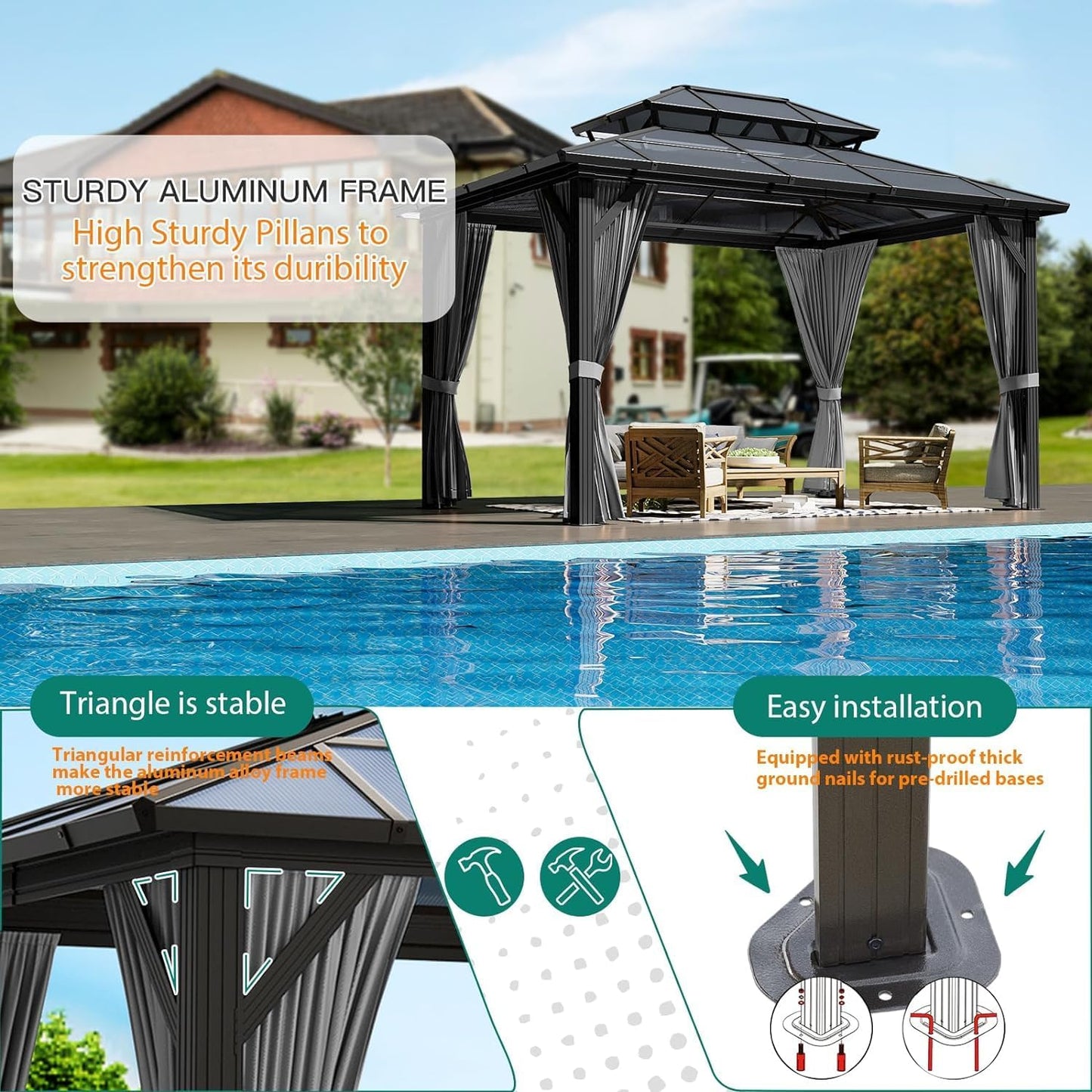 GAOMON 10'x13' Hardtop Gazebo, Outdoor Polycarbonate Double Roof Canopy, Aluminum Frame Permanent Pavilion with Curtains and Netting, Sunshade for Garden, Patio, Lawns (Gray)