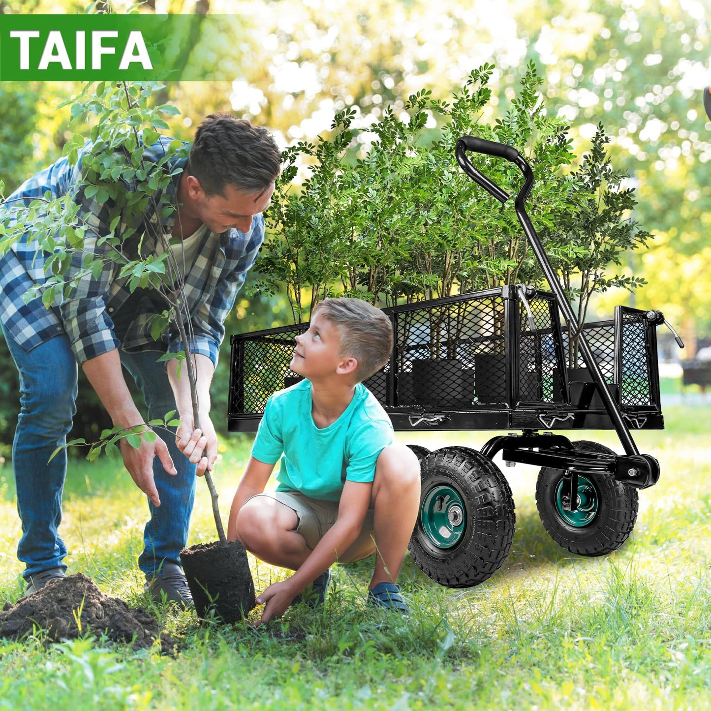 Taifa Heavy Duty Utility Steel Garden Cart 880 Lbs Capacity with Detachable Side Panels Convert to Flatbed for Yard Lawn and Farm, Metal Wagon with 180° Rotating Handle, Black