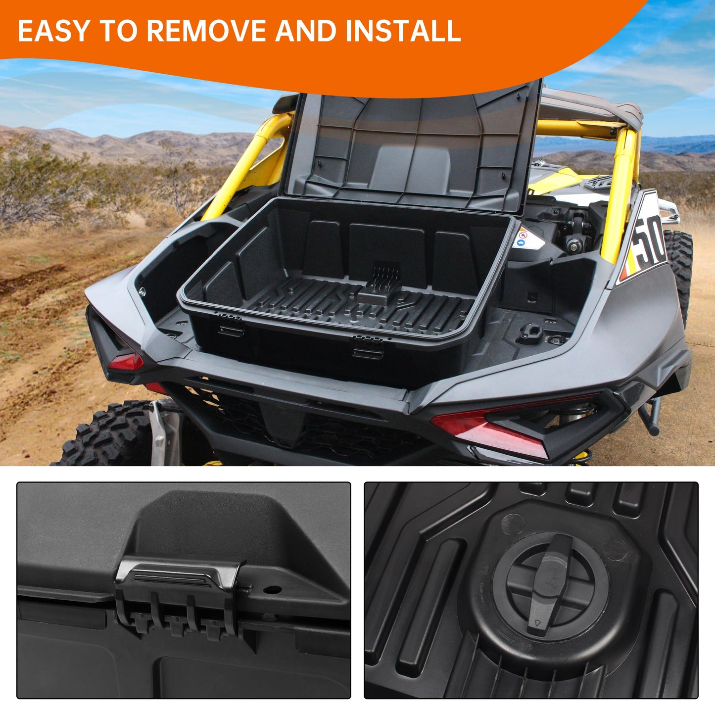 CUSAUTV 96L Rear Storage Cargo Box for Maverick R, Waterproof Bed Tool Rear Trunk Box Compatible with Can Am Maverick R X RS 2024+ Accessories Replace #715007182
