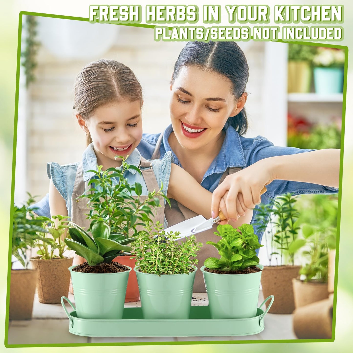 Hicarer 2 Sets Herb Planter with Tray Metal Herb Garden Planter with Drainage Farmhouse Windowsill Pots for Indoor Plants Flower Succulent Outdoor Kitchen Apartment Balcony Window (Green)