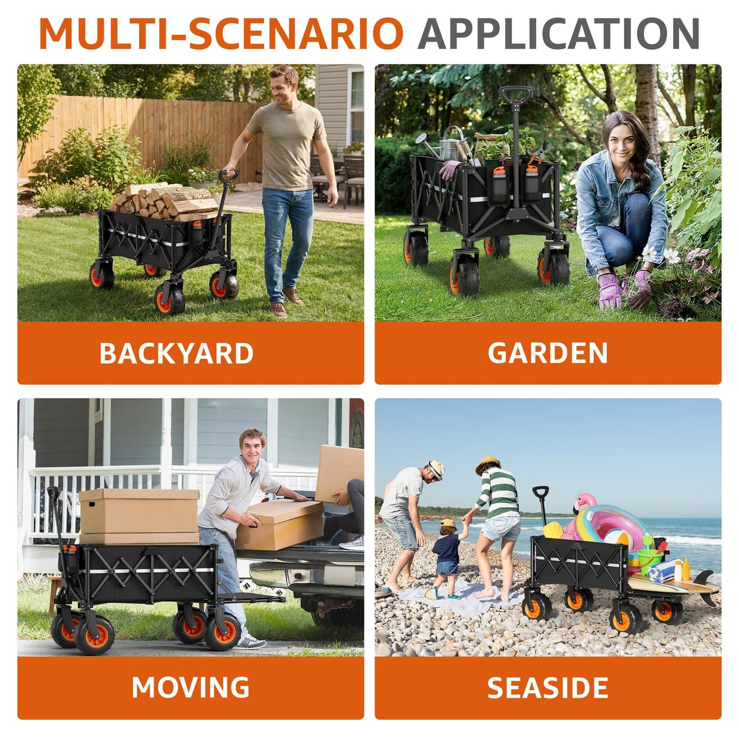 Collapsible Wagon Heavy Duty Foldable 200L Large Garden Utility Cart, 10" Big Wheels All Terrain, 800lbs Collapsible Wagons Carts with Extended Tailgate for Camping Beach