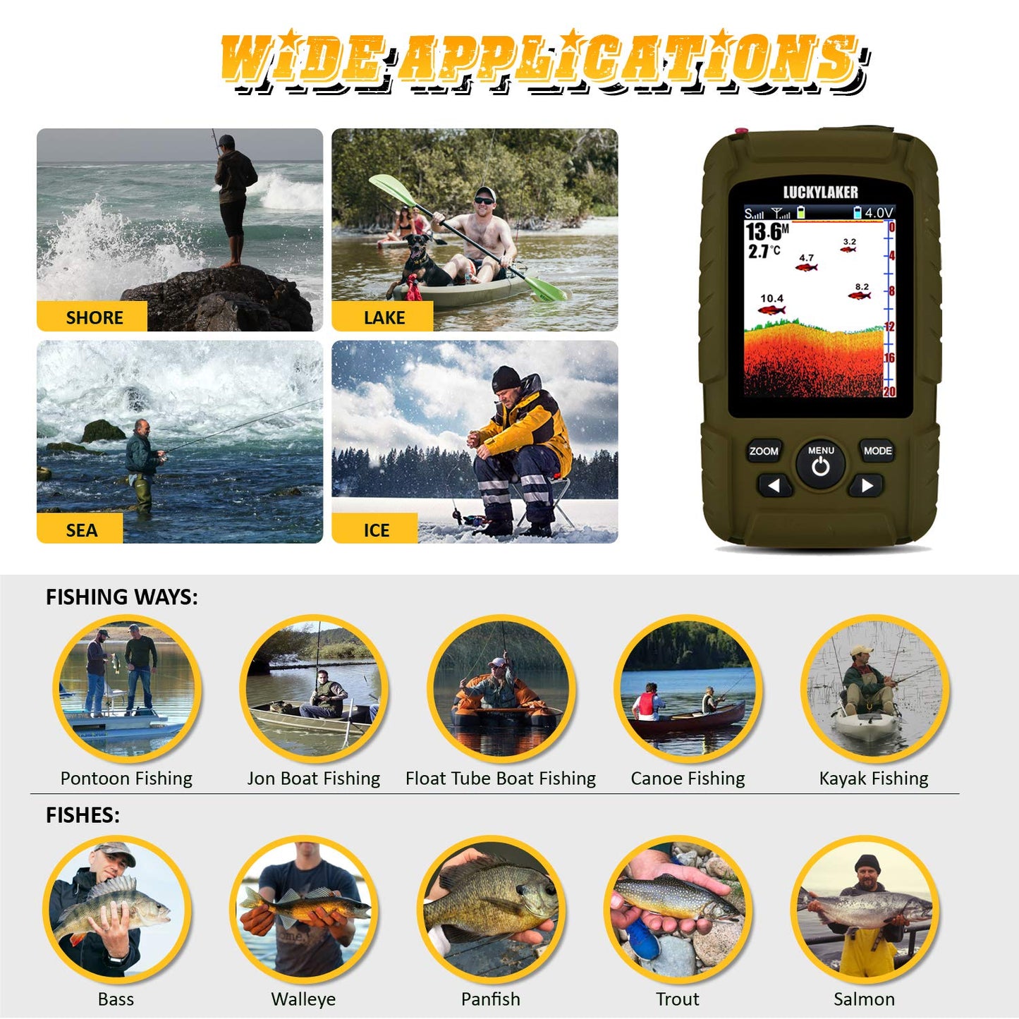 LUCKY Portable Sonar Fish Finder Boat Depth Fishing Fish Finders Waterproof Handheld Wireless Fishing Finder Kayak Transducer Depth Finders for Ice Fishing Sea