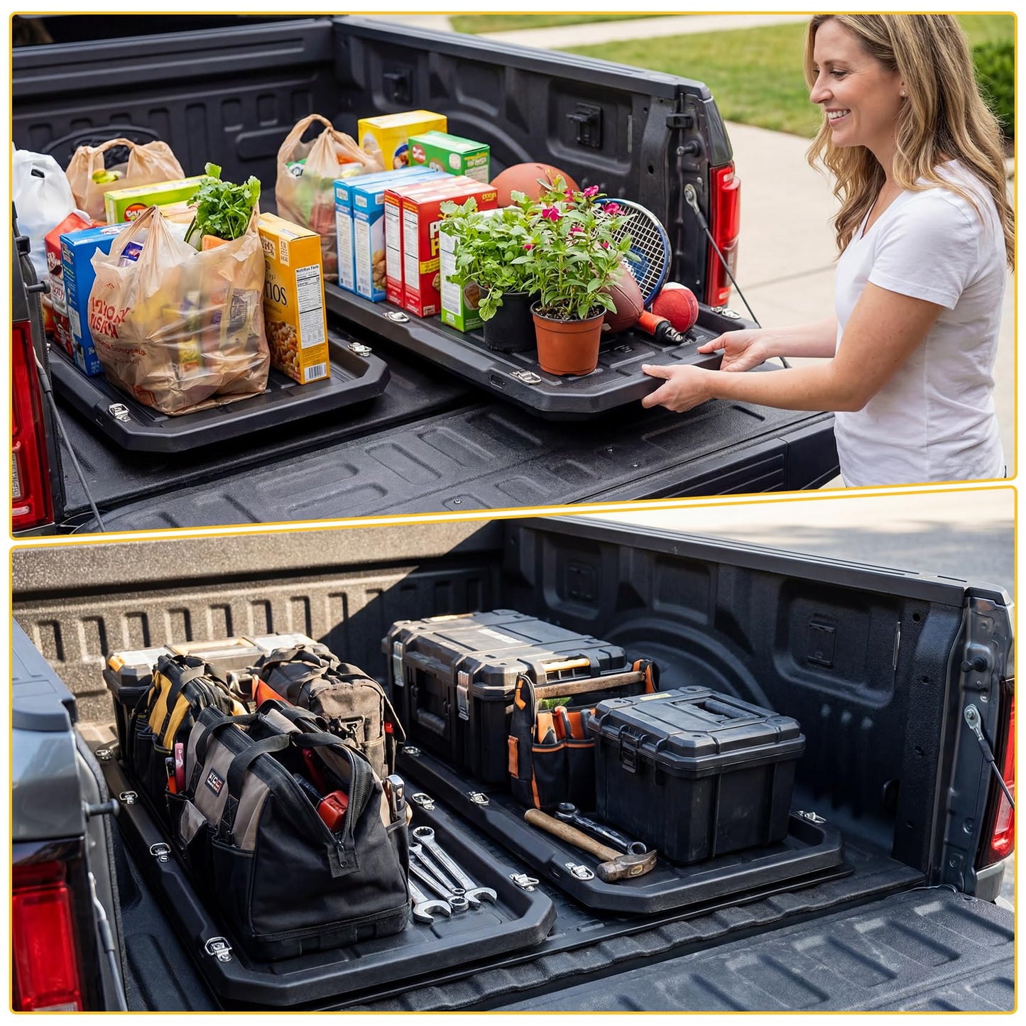 Trumgeta Slide-Out Truck Bed Cargo Tray Fit for Mid-Size & Full-Size Pickup, Fast-Drain Channel & Safer Wrapped Edges, Cargo Storage System with Easy Tailgate Access