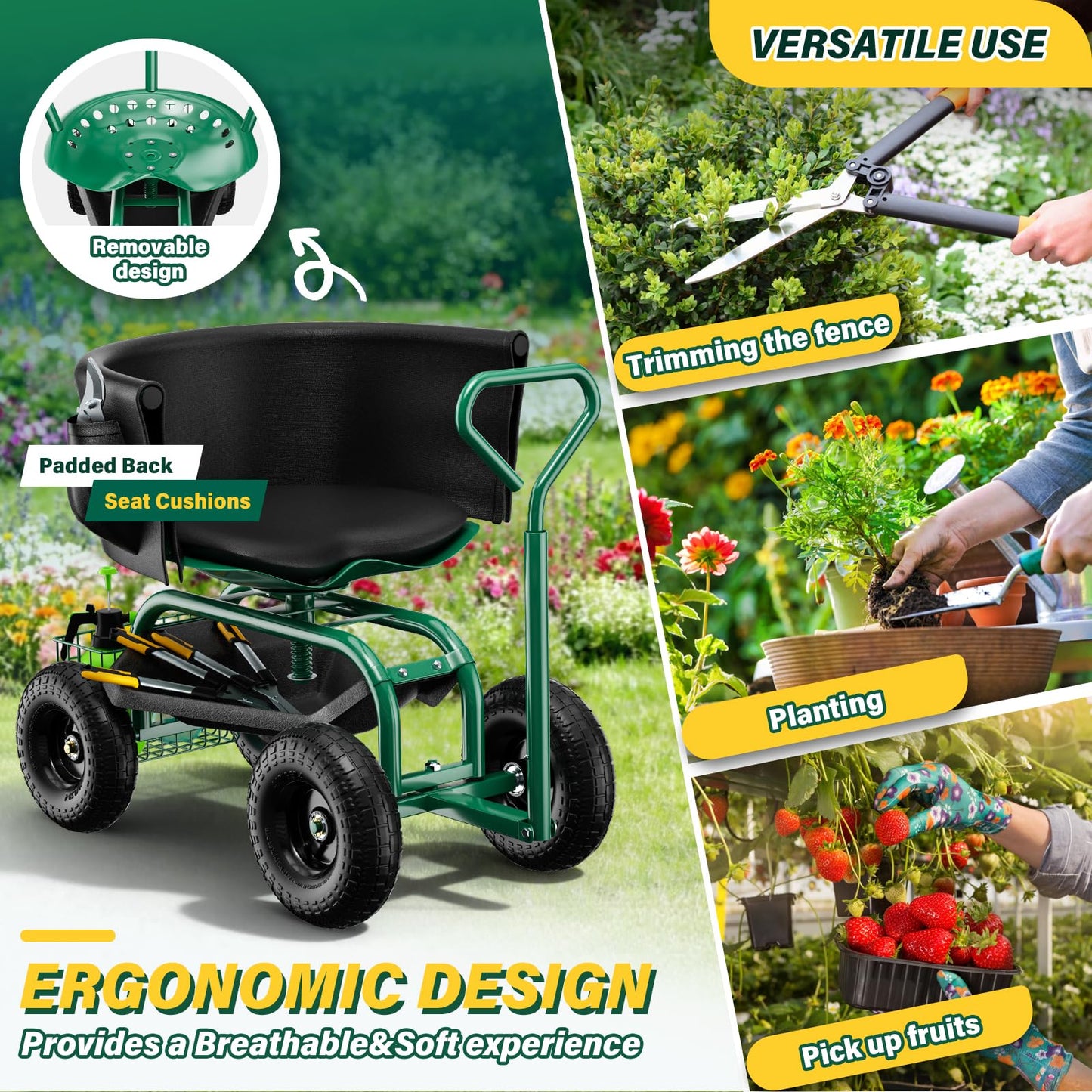 Baotree Garden Seat with Wheels, Rolling Garden Stool with Adjustable 360°Swivel Seat, Storage Basket & Extendable Handle, Outdoor Gardening Scooter, Garden Cart Workseat Stools for Seniors