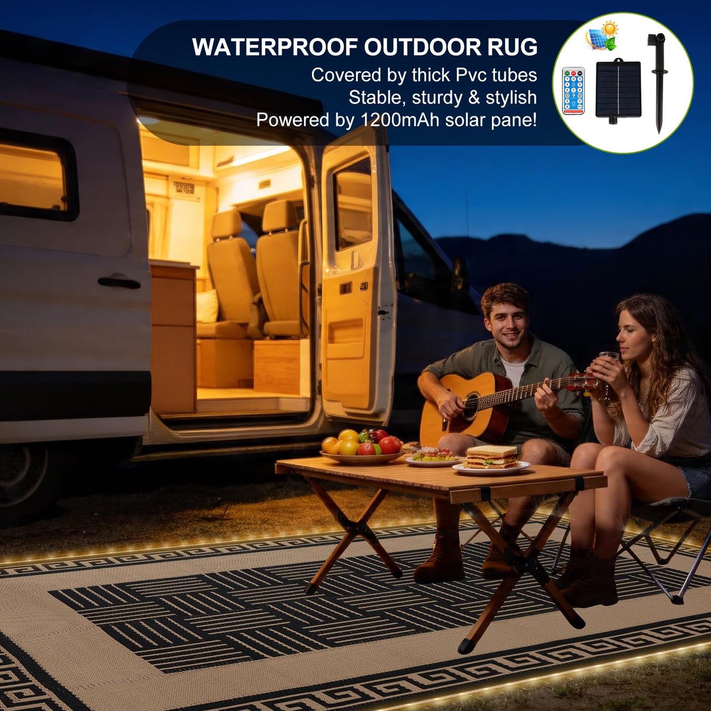 YONILE Solar LED Outdoor Rug 9x12 ft Waterproof for Patios Clearance,Reversible Outdoor Plastic Straw Rug, RV Mat Outside, Indoor Outdoor Carpet for Porch, Deck, Backyard, Balcony, Picnic