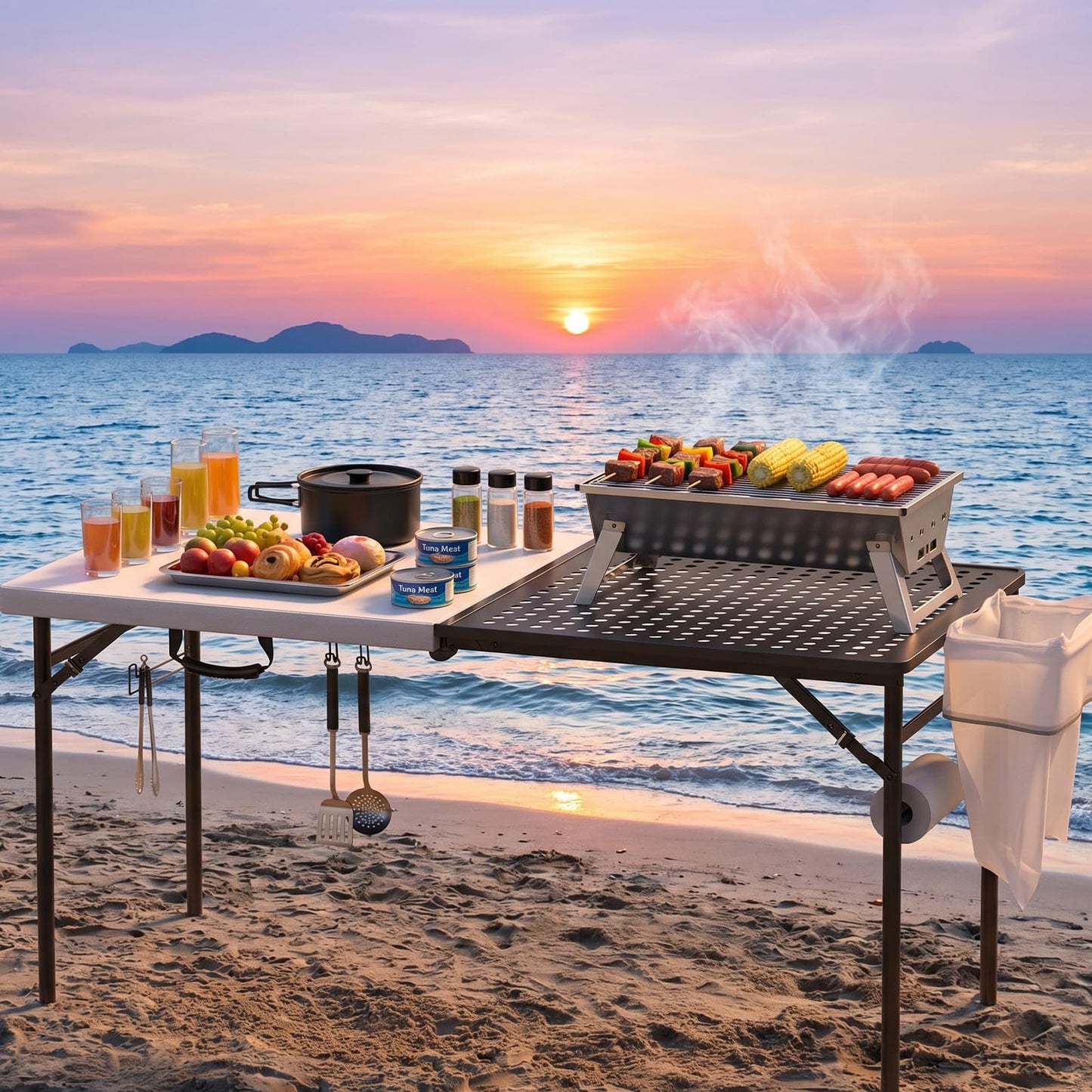 2 Pack 5ft Folding Table for Picnic Camping, Portable Outdoor Table with Metal Grid Grilling Surface, Heavy Duty Foldable Table for Cook Prep,Suitable for Camping, Backyard, Patio and Beach.