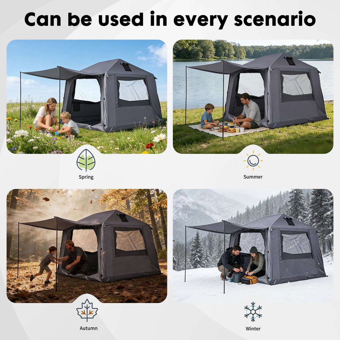 Inflatable Tents for Camping 2-4 Person, Blow Up Tent with Skylight & Awning, Waterproof Inflatable Camping Tent with Mesh Windows, Portable Tent Camping Essentials, Easy Setup with Hand Pump