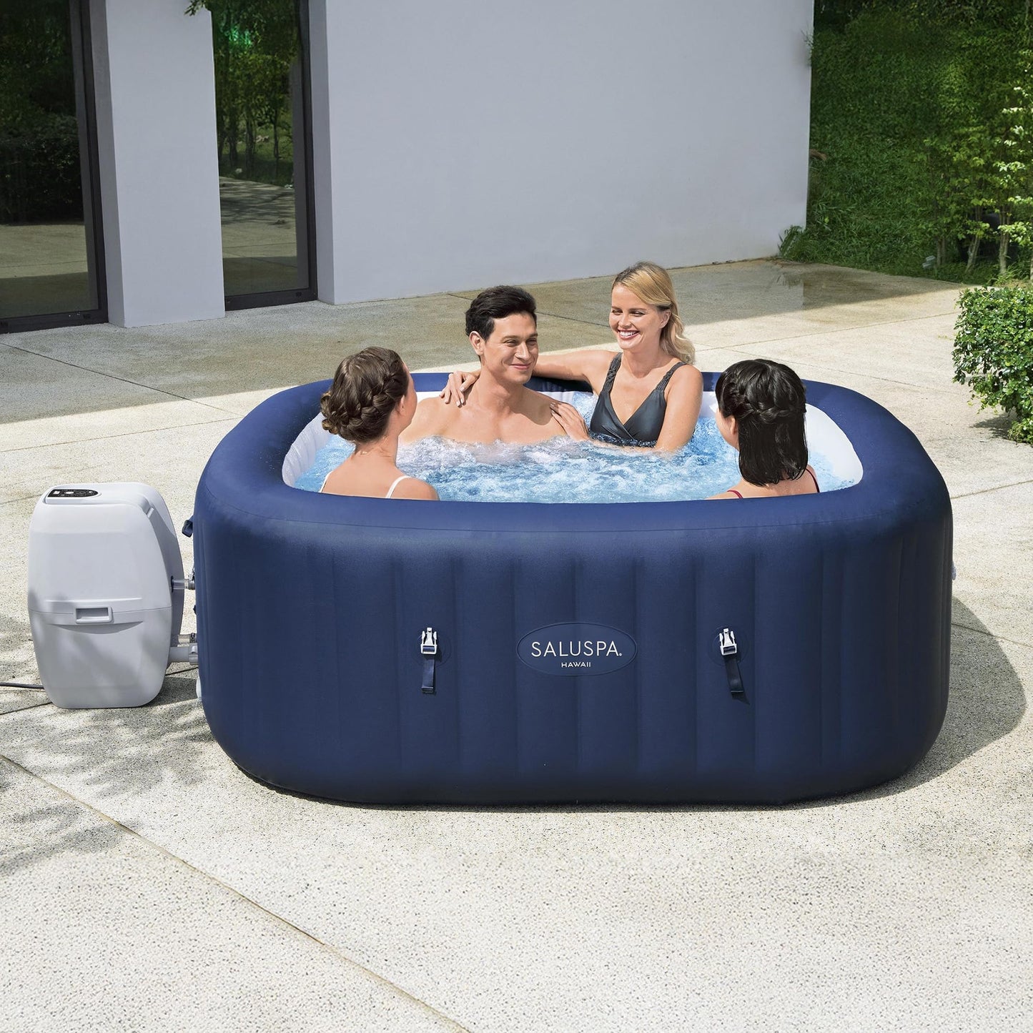 Bestway SaluSpa Hawaii AirJet 4 to 6 Person Inflatable Hot Tub Square Portable Outdoor Spa with 140 AirJets and EnergySense Energy Saving Cover, Blue