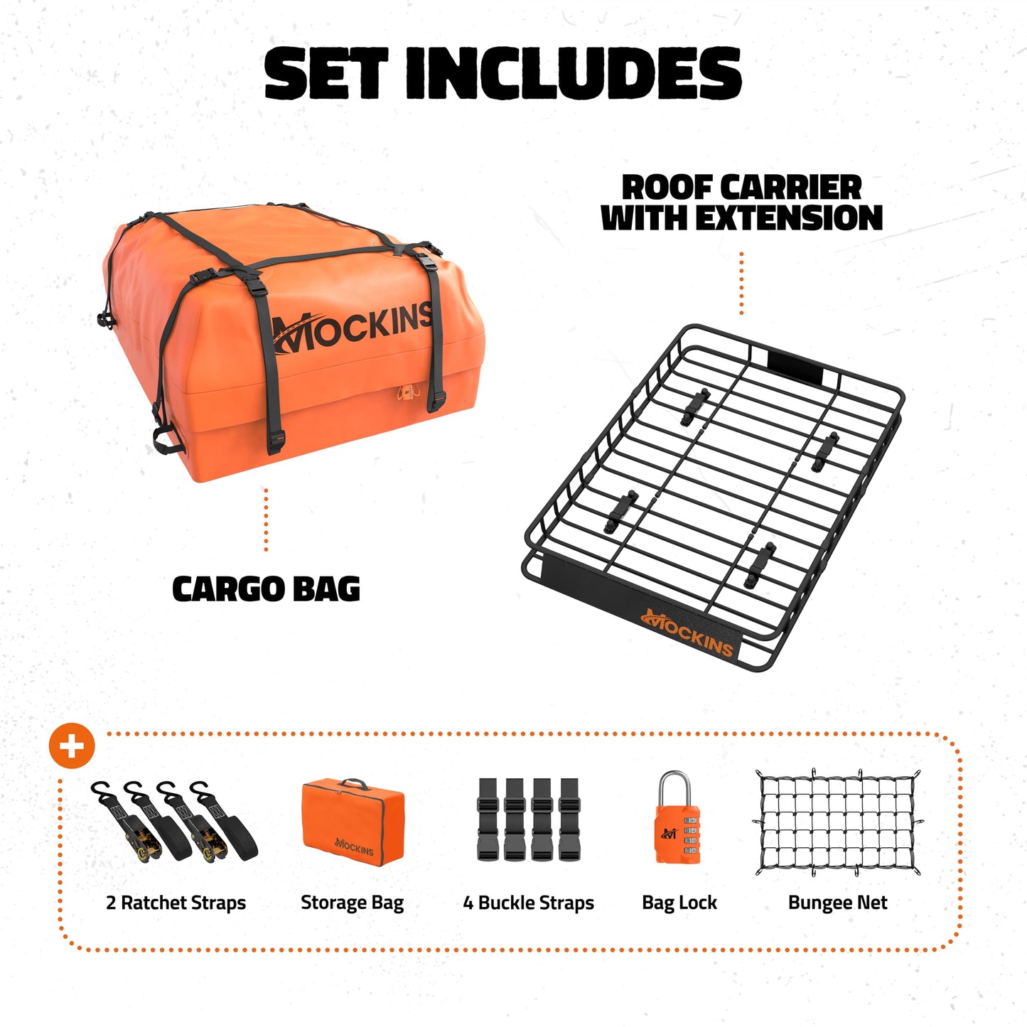 Mockins 50"x36"x4.5" Extendable Rooftop Cargo Carrier & 18 CuFt Orange Waterproof Roof Cargo Bag | 250 Lbs. Capacity Weatherproof SUV & Car Roof Rack Basket with Car Top Carrier Bag & Accessories