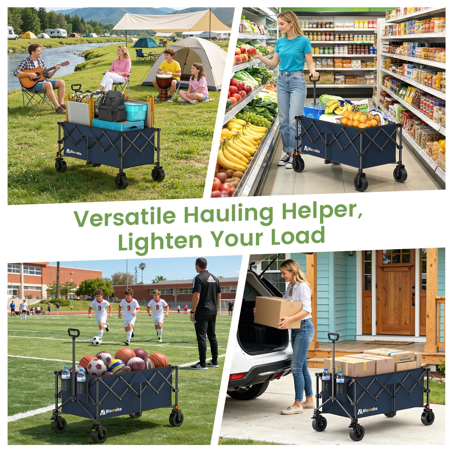Collapsible Wagon Cart, 330LBS Heavy Duty Folding Cart with Wheels 360° Rotation, Built-in Brakes, Flexible Handle, Portable Utility Wagon for Grocery Sports Garden Shopping Camping, Blue
