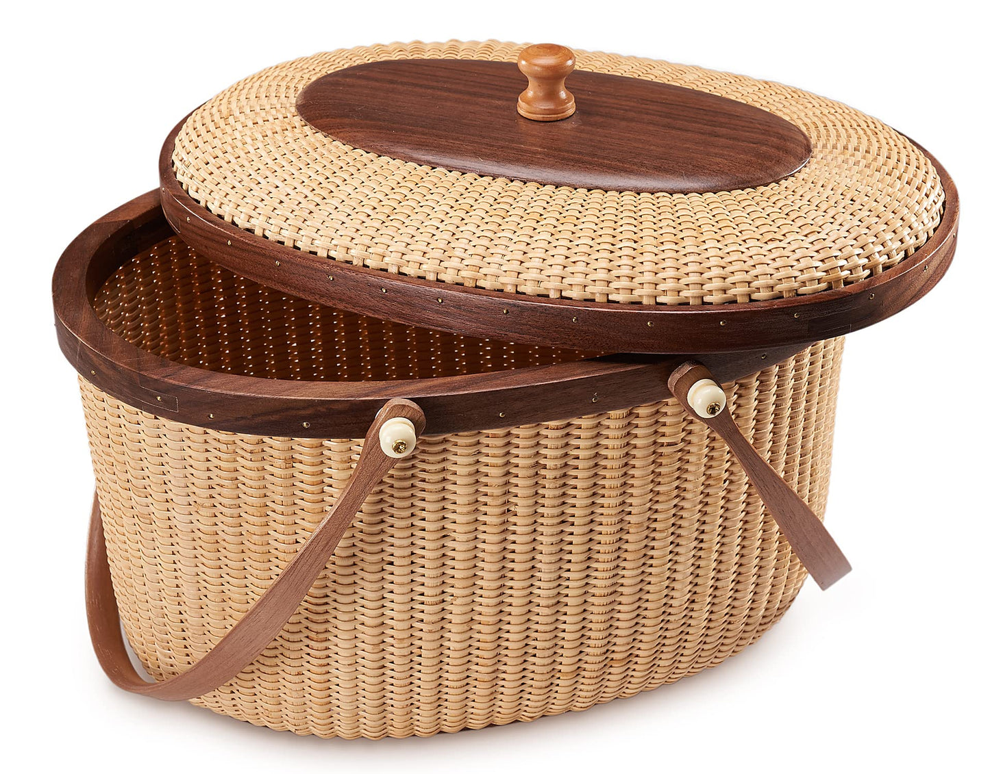 Teng Jin Nantucket Sewing Basket Purse, Containers with Dual Wood Handles .Cane-on-cane weave basket craft basket, with lid with handle