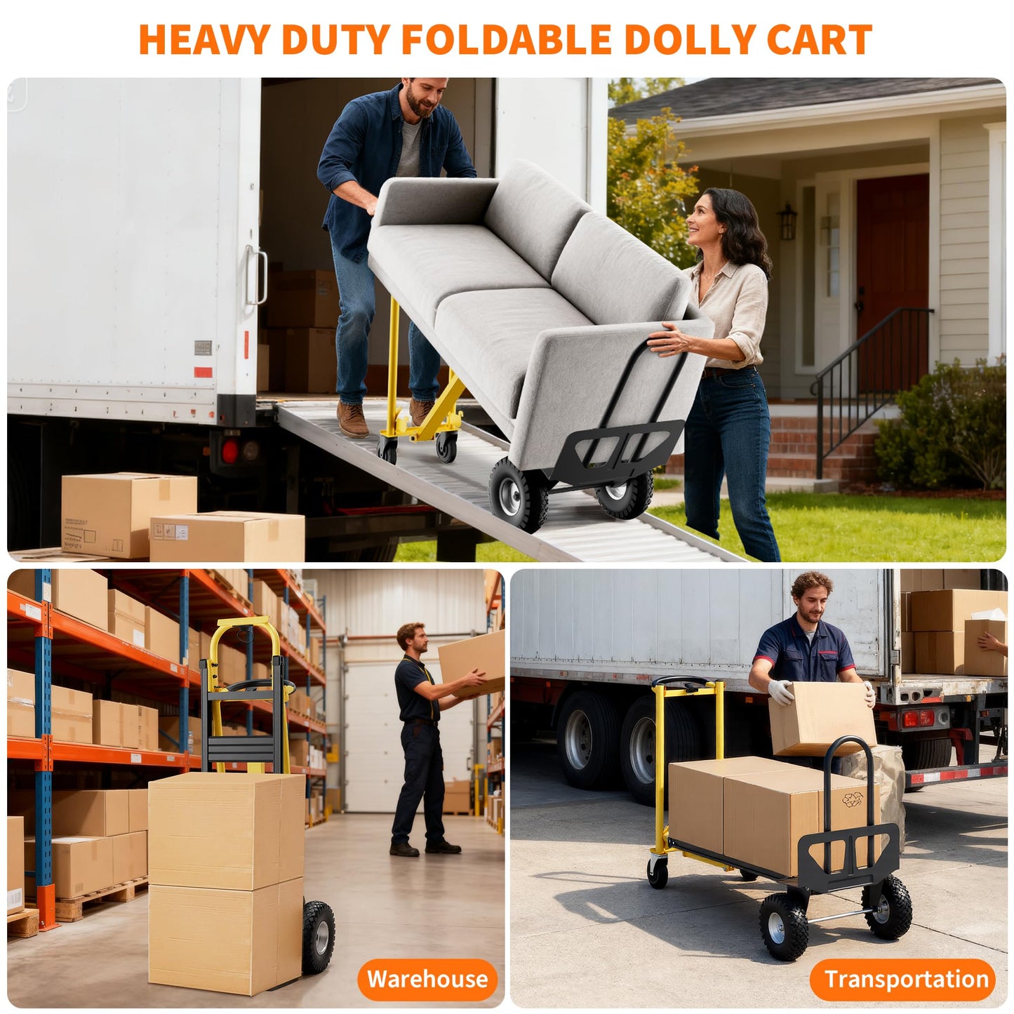 3-in-1 Heavy Duty Convertible Hand Truck, 800 lbs Capacity Dolly Cart with Wheels, Foldable Dolly Cart Converts from Hand Truck Dollys to Platform Carts, for Moving, Shopping, Travel(Yellow+Black)