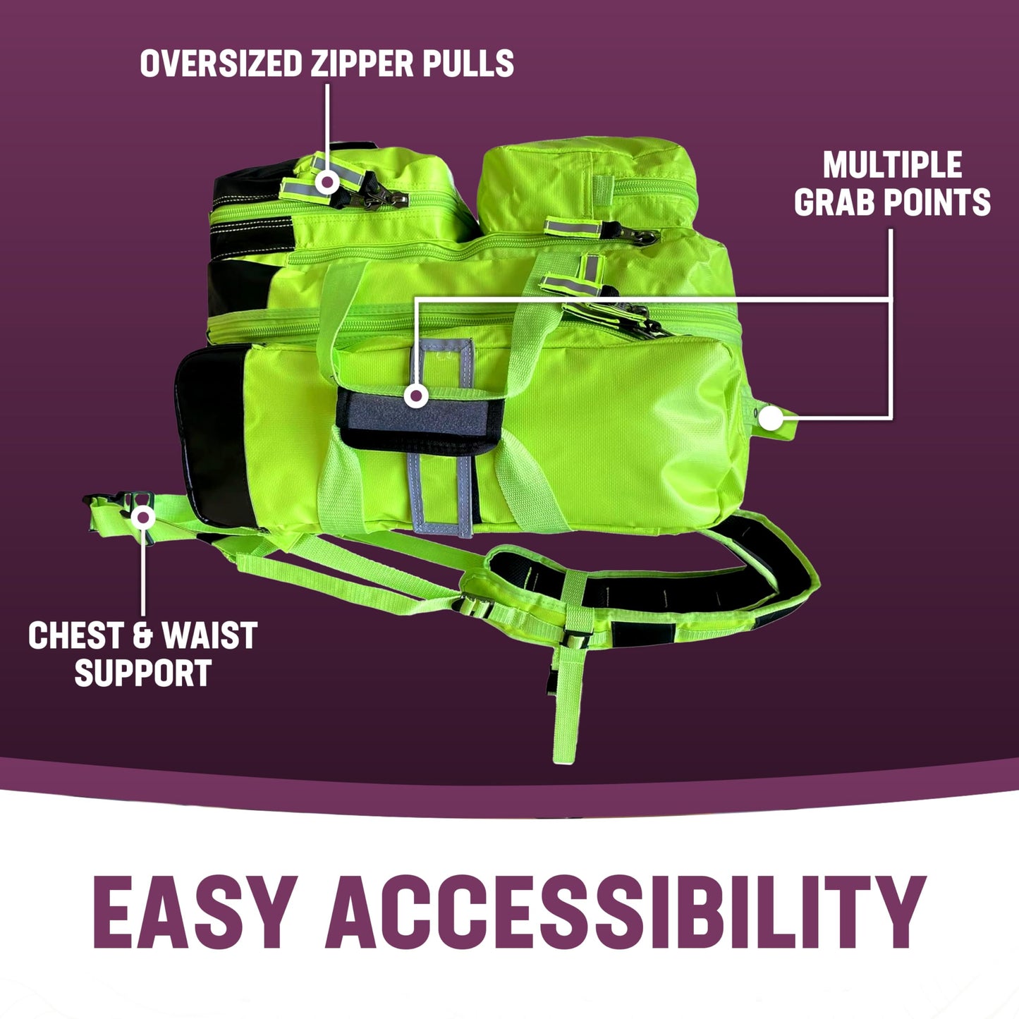 Kemp USA Ultimate EMS Backpack Neon Green Emergency Response Medical Bag Fluid Resistant Tarpaulin EMT Storage Fits BLS ALS Equipment D Tank Oxygen Cylinder Professional Field Use