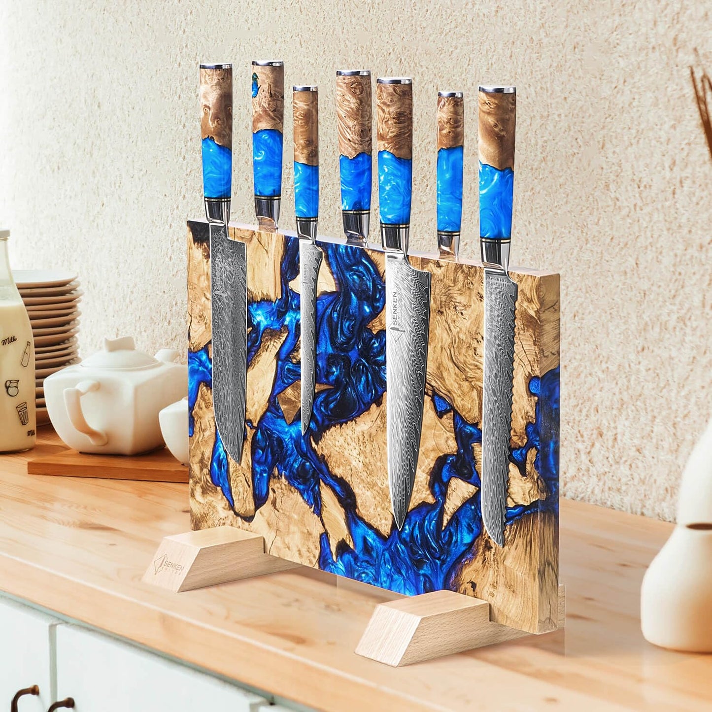 SENKEN "Dark Tsunami" Extra Large Magnetic Knife Block - Holds Up to 16 Knives - Knife Block without Knives, Beautiful Dark Blue Resin Burl Wood Blend Knife Holder ("Dark Tsunami " Blue Resin Blend)