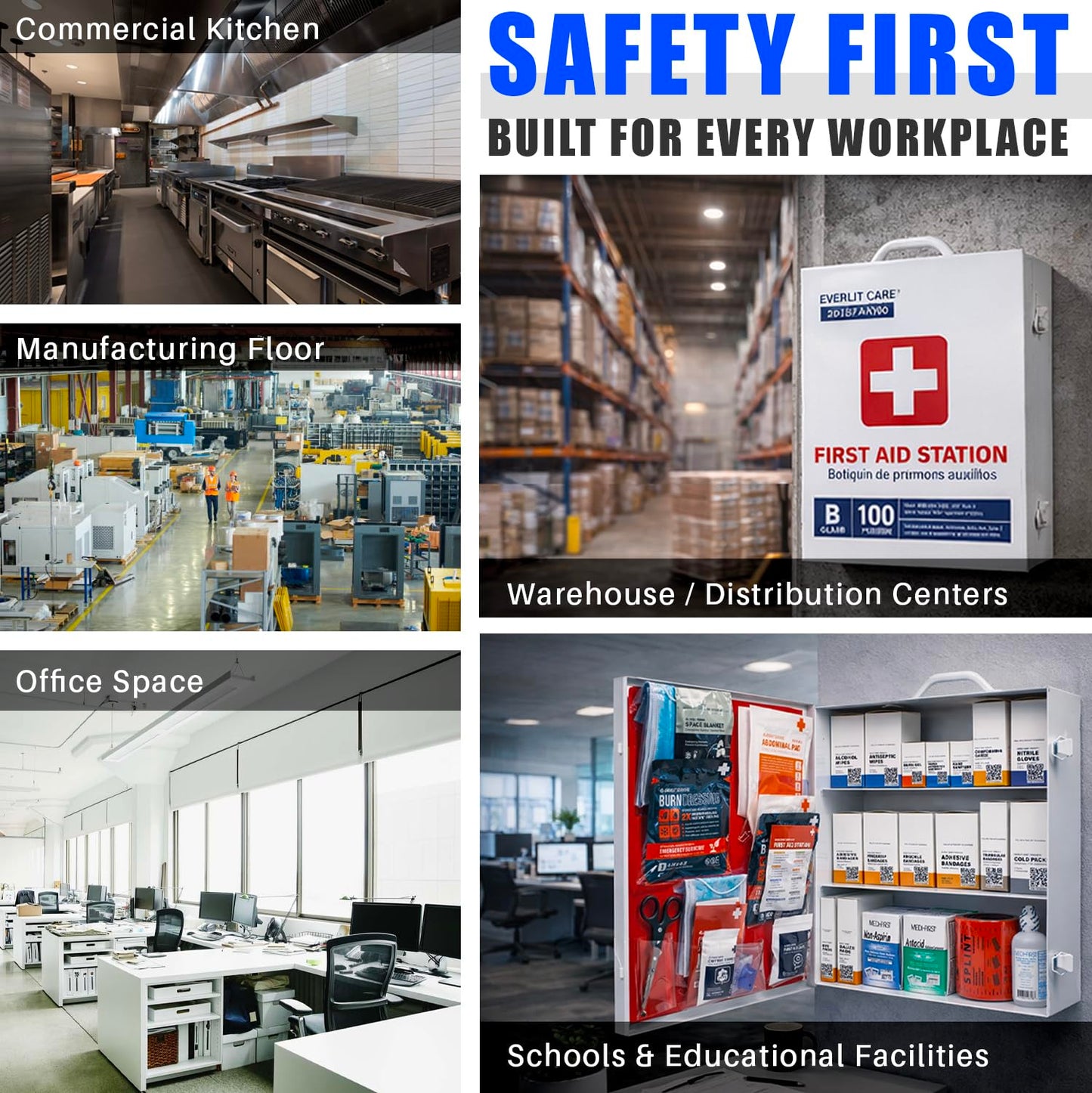 EVERLIT CARE 3-Shelf OSHA-Compliant First Aid Kit, ANSI Class B+ 100 Person Emergency First Aid Cabinet for Business, Job Site, Industrial Manufacturing Facility, Restaurant, and Kitchen