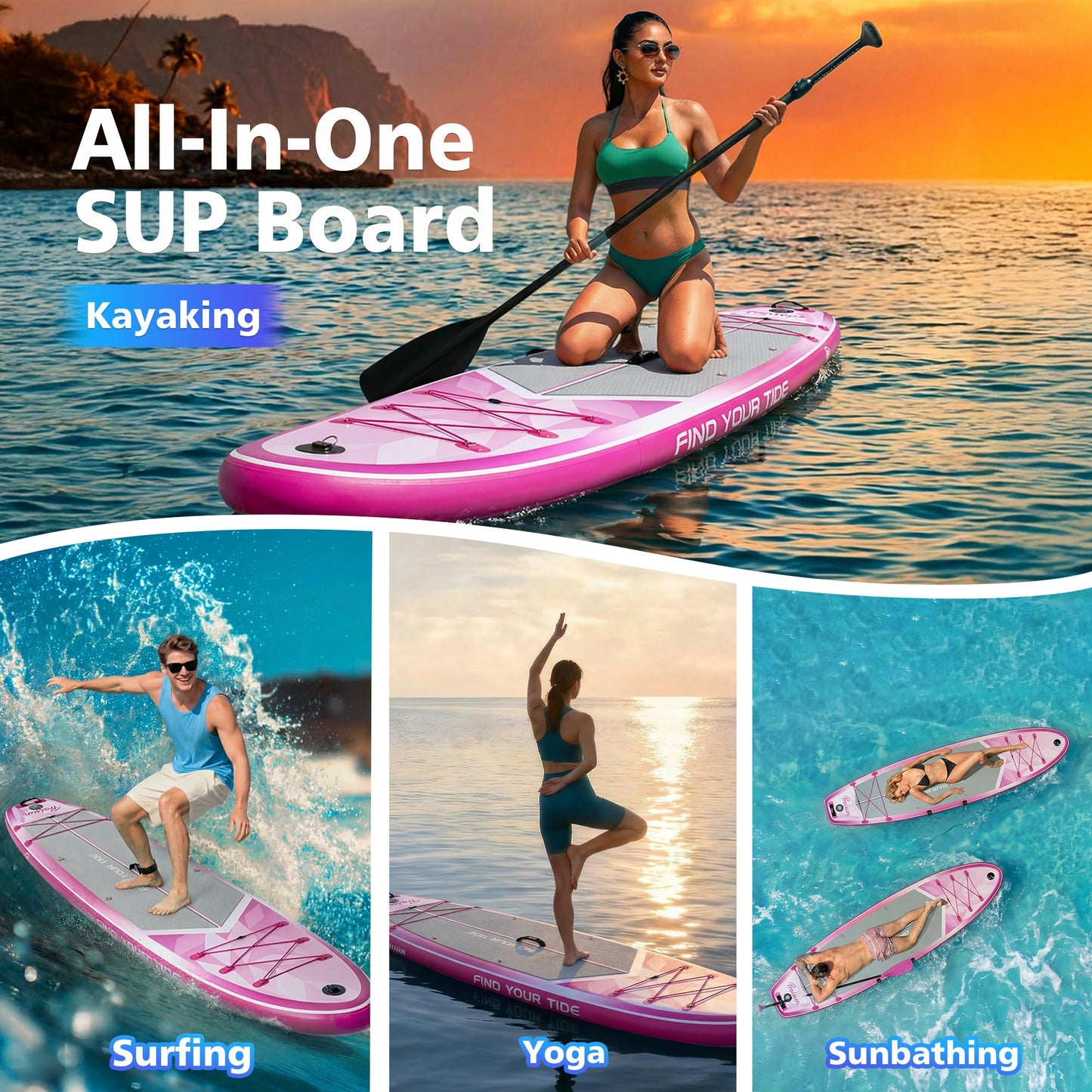 PRAISUN 12’ x 35” Inflatable Paddle Board, 450lbs Extra Wide Stand Up Paddleboard for Youth/Adults of All Skill Levels, Stable SUP with Seat & Full Kit, for Fishing, Yoga, Lake & Ocean, Pink