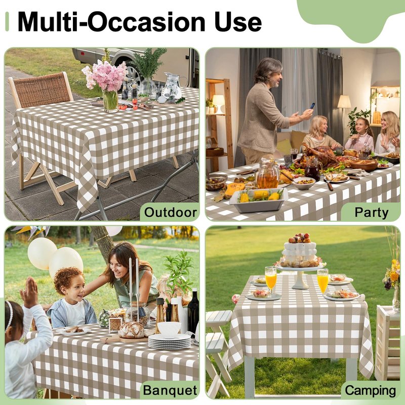 Smiry 3 Pack Khaki Gingham Disposable Tablecloths - 54" x 108" Heavy Duty Plastic Table Cloth, Waterproof Buffalo Plaid Table Covers for Picnic, Banquets, Outdoor Parties
