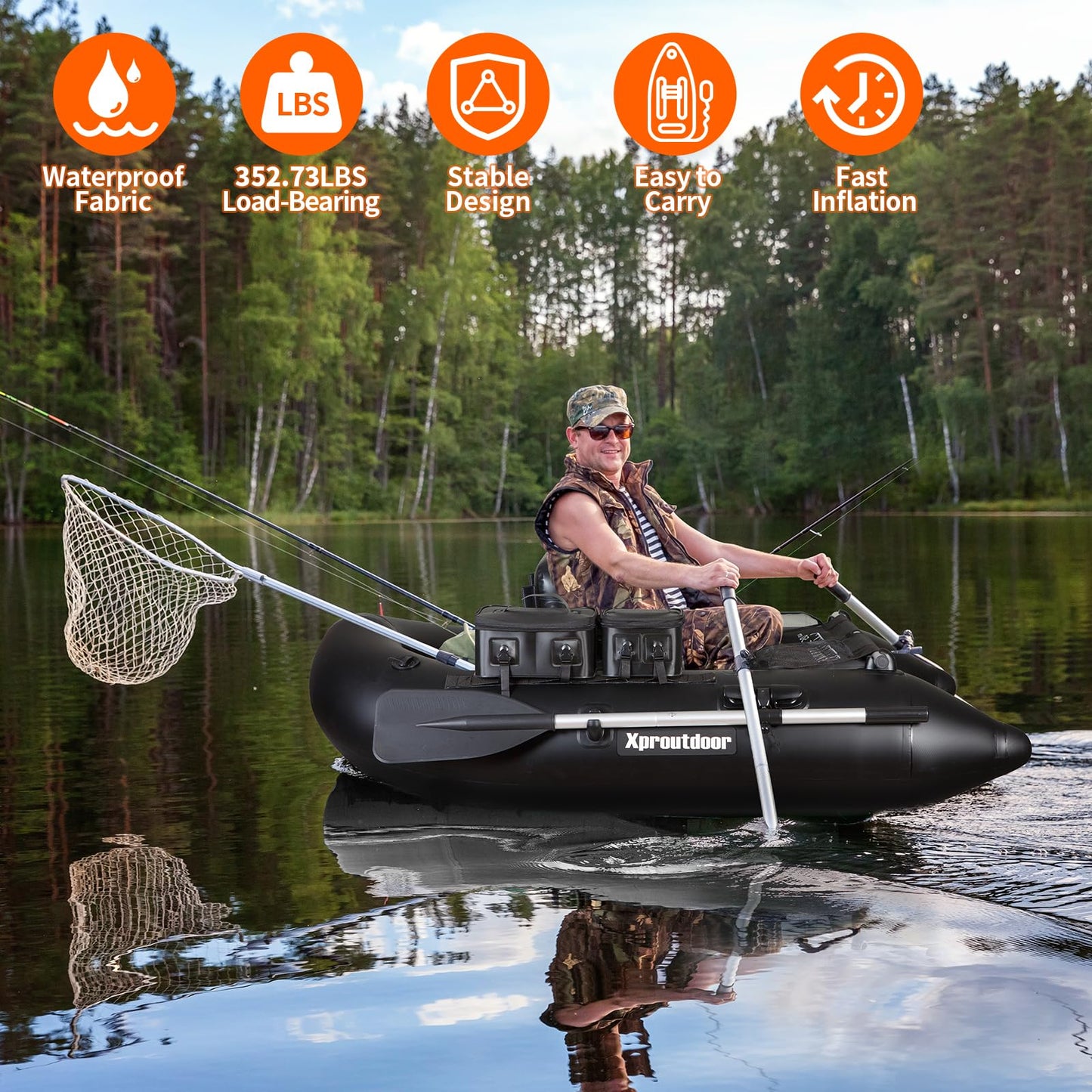 Xprotdoor Inflatable Fishing Float Tube with 3 Detachable Side Bags and Adjustable Backpack Straps - Fish Ruler, Pump, Oar Included - 352.73LBS Load Capacity - Ideal for Fishing in Rivers and Lakes