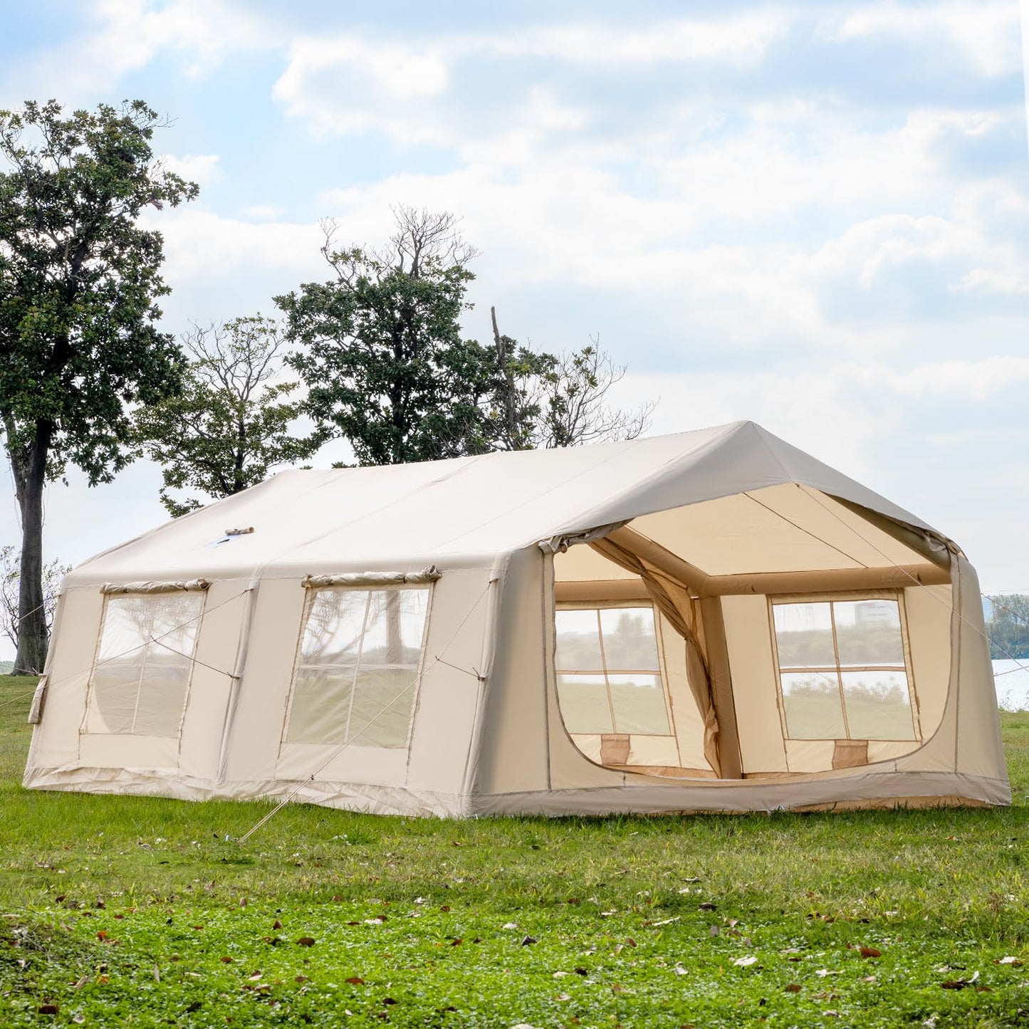 Inflatable Tent for Camping with Rainfly, 8-12 Person Easy Setup Air Tent with 2 Rooms & Hand Pump, 4 Season Glamping Tent with Stove Jack, Large Family House Tent for Outdoor Camping