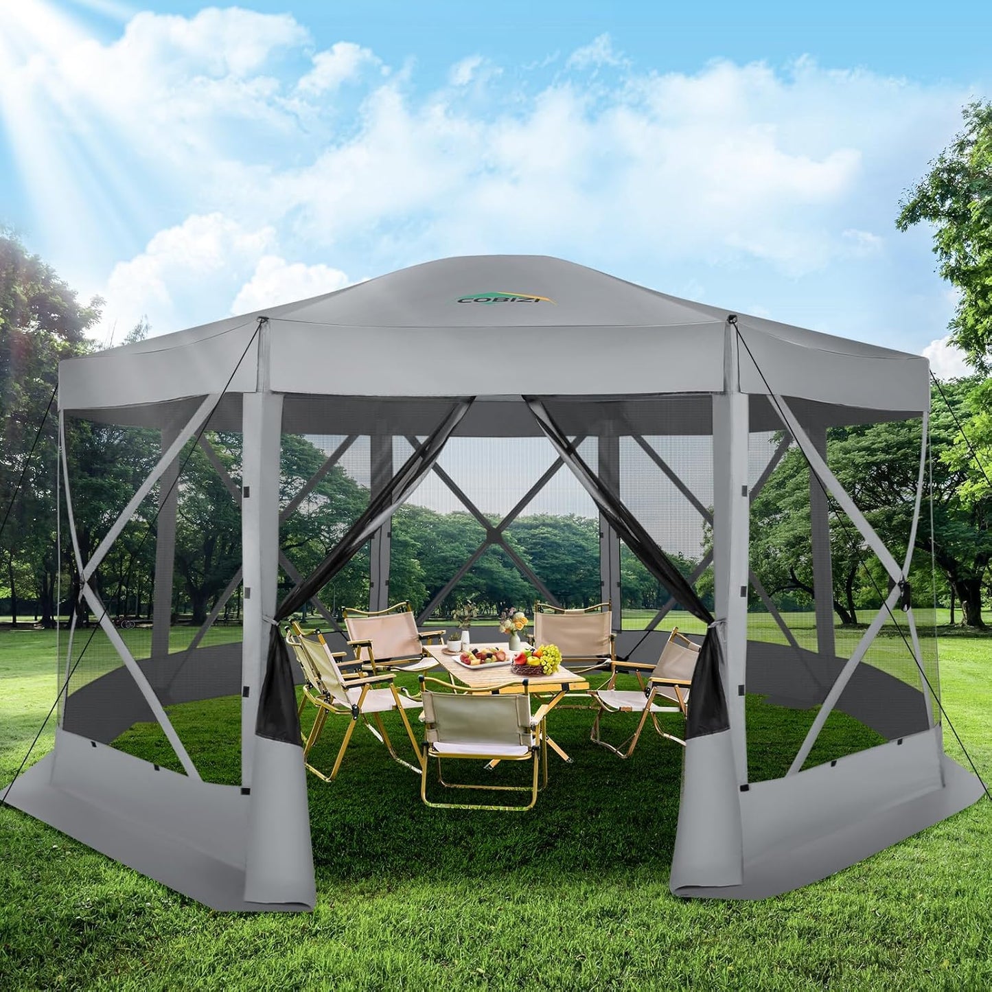 COBIZI Pop Up Gazebo Screen Tent Screen House for Camping, 15x15 Screen Room with Mosquito Netting, Hub Tent Instant Screened Canopy with Carrying Bag and Ground Stakes, Gray