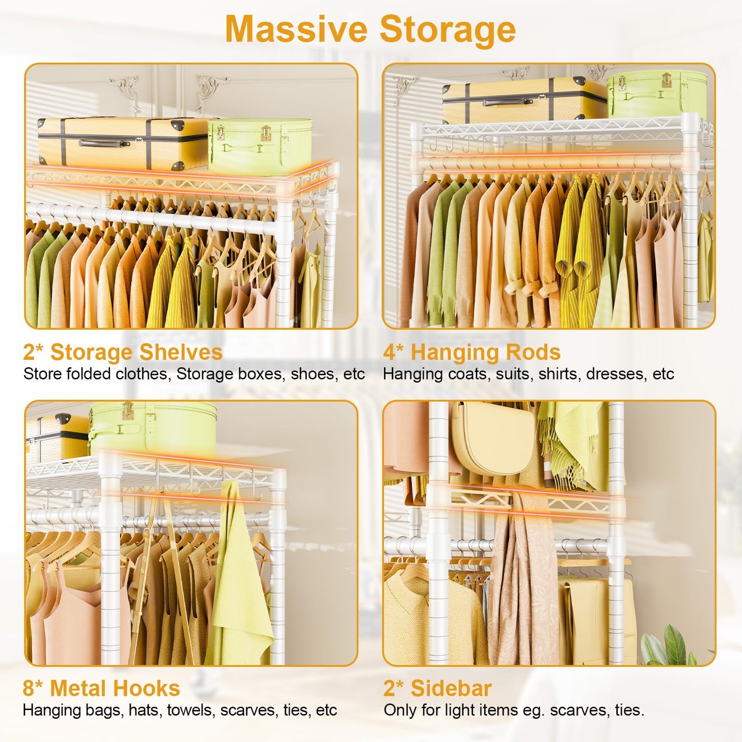 ULIFHOME P4 Rolling Clothes Rack Heavy Duty, Clothing Racks for Hanging Clothes, Freestanding Garment Racks with Wheels, Metal Portable Closet Rack 35.5''W × 20.5''D × 80.5''H, Max Load 560Lbs, White