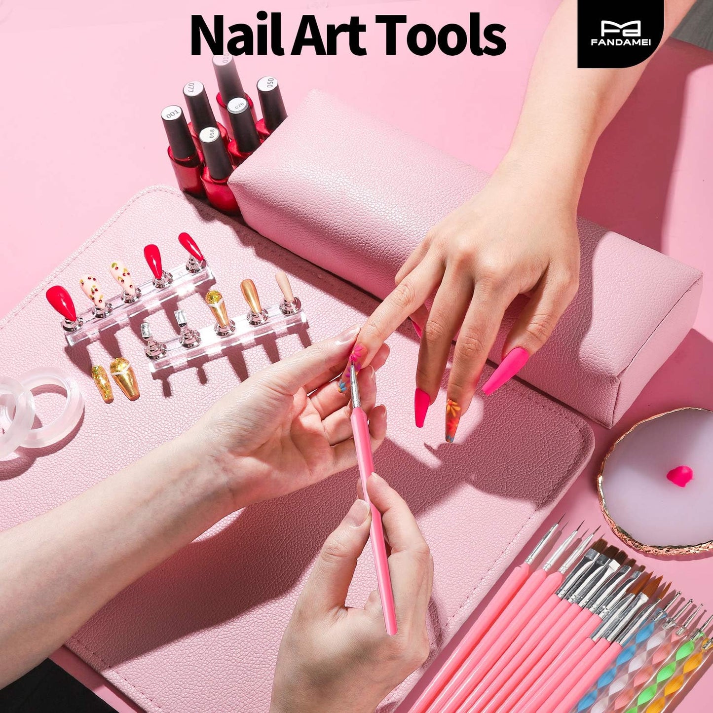 FANDAMEI Nail Art Brushes, Nail Brush Set With Nail Stand, Nail Holder For Painting Nails, Nail Art Tools, Nail Design Tools, 11PCS Nail Brushes For Nail Art, 5PCS Nail Dotting Tool, Nail Art Palette