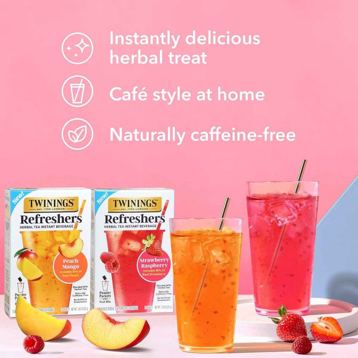 Twinings Peach Mango Herbal Tea | Instant Beverage with Real Fruit Bits | 30 Packets, Caffeine-Free Refreshment