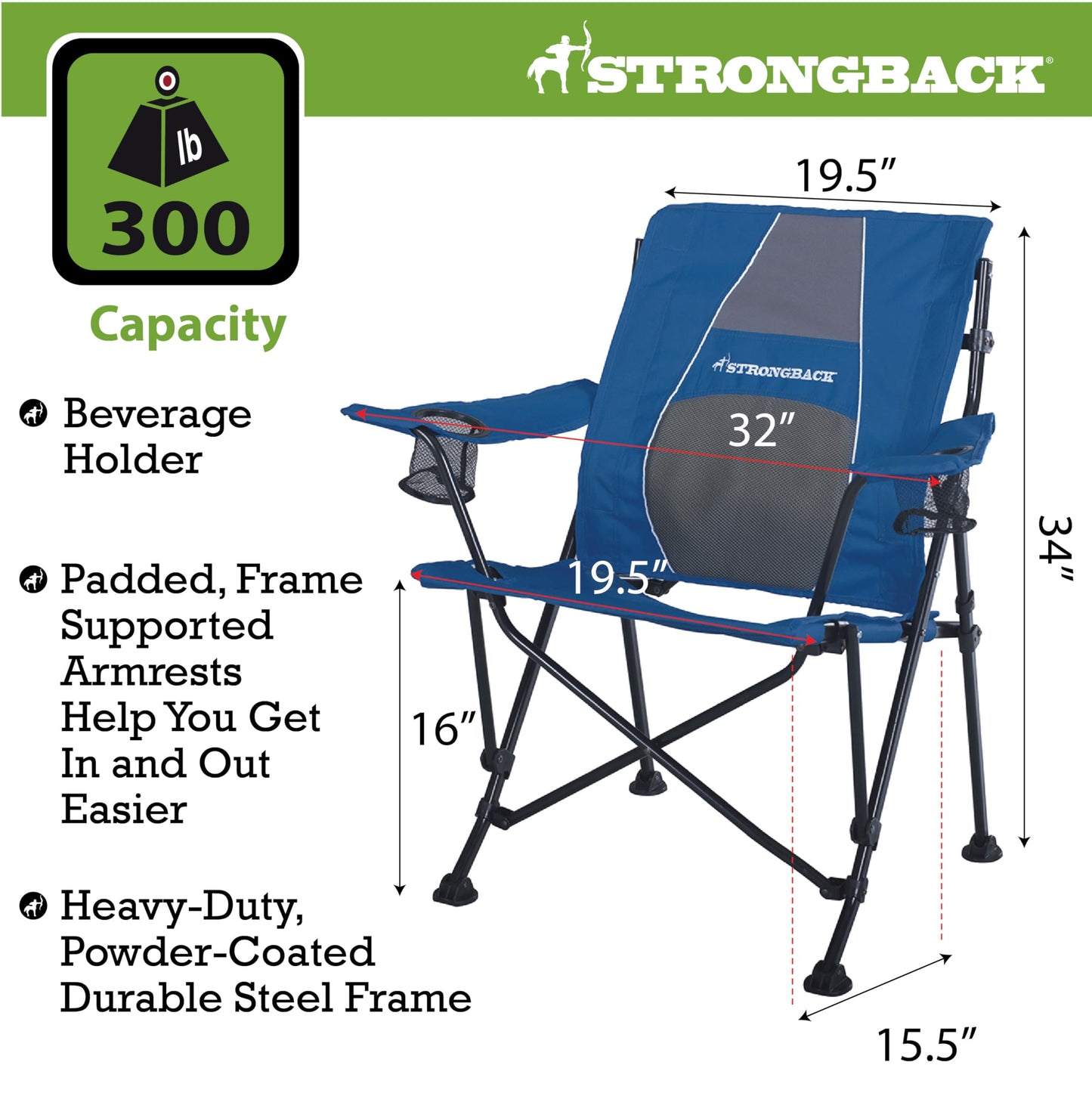 STRONGBACK Camping Chair Guru Heavy Duty Camping Chairs with Lumbar Suppor - Backpack Folding Camp Chair - Navy