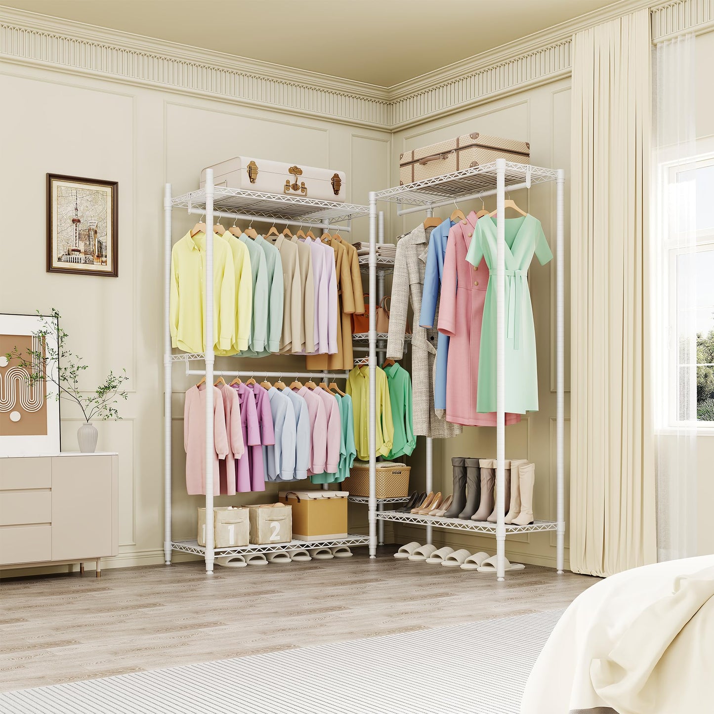 GarveeTech Heavy Duty Garment Rack L Shaped Clothes Rack for Corner,Load 1631LBS,Freestanding Portable Wardrobe Closet with 7 Adjustable Shelves, 4 Hanging Rods for Home,70.5" H x 85.4" L x 17.4" W