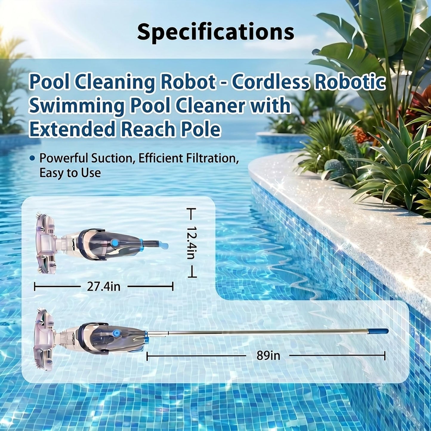 CZYBYTE Handheld Pool Vacuum Cleaner, Rechargeable Pool Bottom Cleaner with Strong Suction, 1 H Runtime, 89 inchs Extension Pole,for Above Ground/Inground Pools, Spas and Hot Tubs, Grey