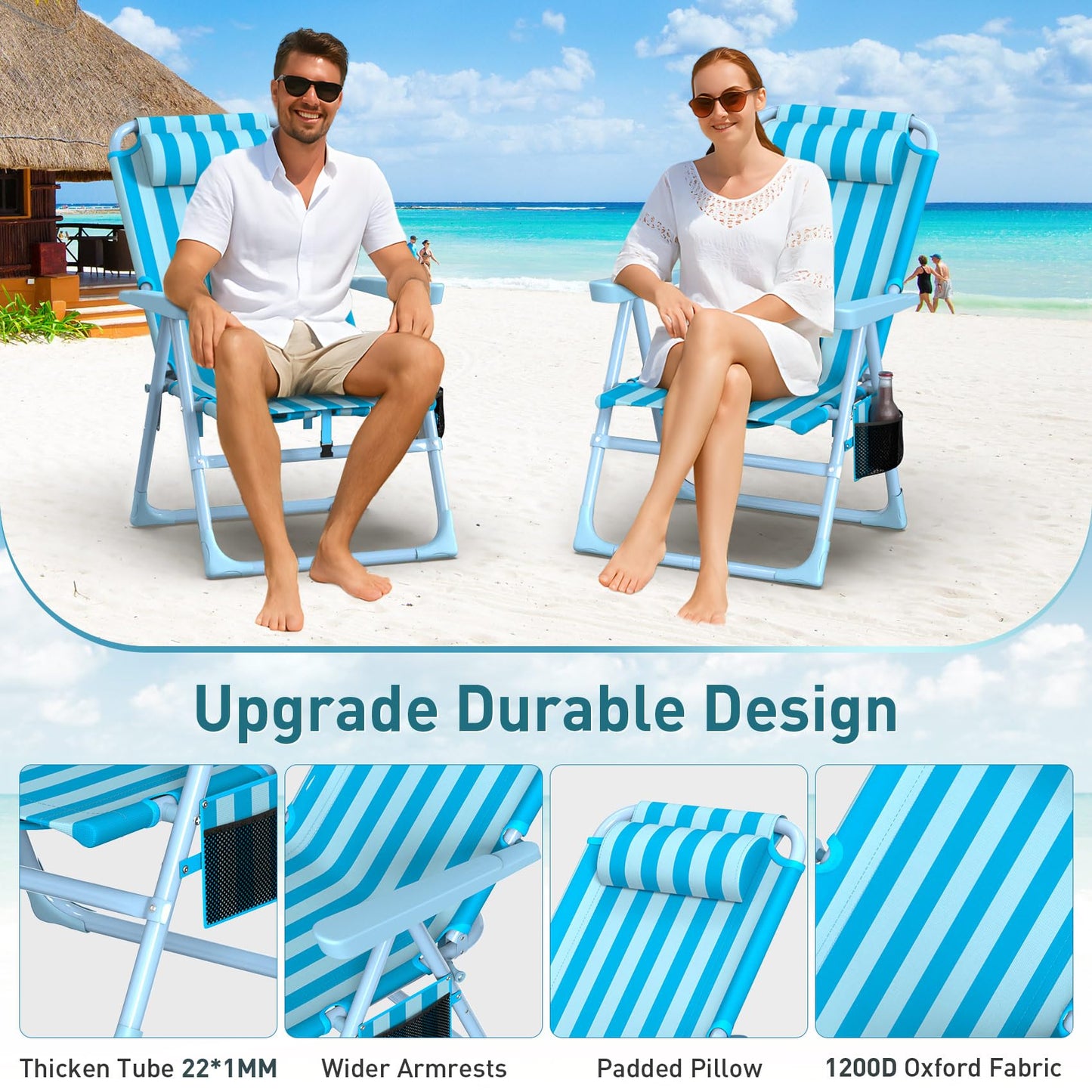 Suteck Backpack Beach Chairs for Adults 2 Pack, 6-Position Folding Reclining Chair with Cooler Bag & Cup Holder, Lightweight Portable Beach Chair for Camping, Outdoor, Sand, Travel Use
