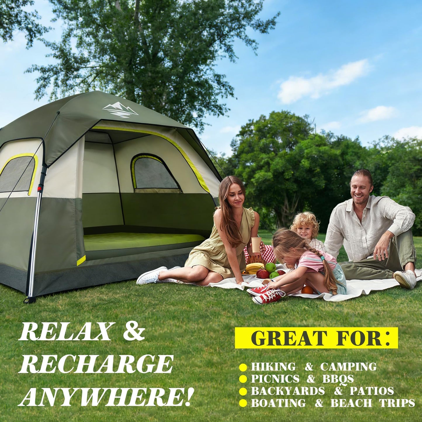 4 Person Instant Camping Tent - Waterproof Pop Up Tents for Camping with Rainfly, Large Family Tent with Pre-Attached Poles, 60S Easy Setup, Upgraded Ventilation with Welcome Mat