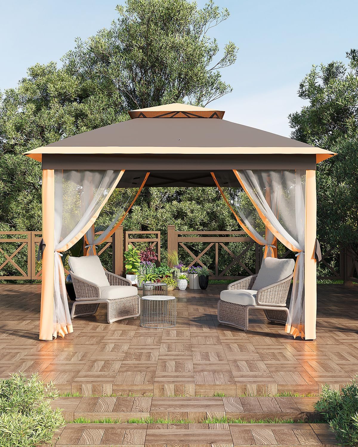 11x11 Pop-Up Gazebo, Instant Outdoor Canopy Tent with Netting, Durable Steel Frame, Water-Resistant Outdoor Gazebo for Patio, Garden, Courtyard, Party, Light Khaki+Dark Khaki