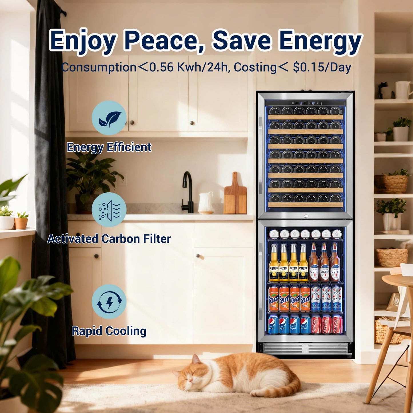 Tylza 24'' Wine and Beverage Refrigerator, Dual Zone Wine Fridge with 190 Cans and 90 Bottles, Upgraded Compressor, Low-E Tempered Glass, Safety Lock, 2 In 1 Beverage Fridge for Home or Commercial