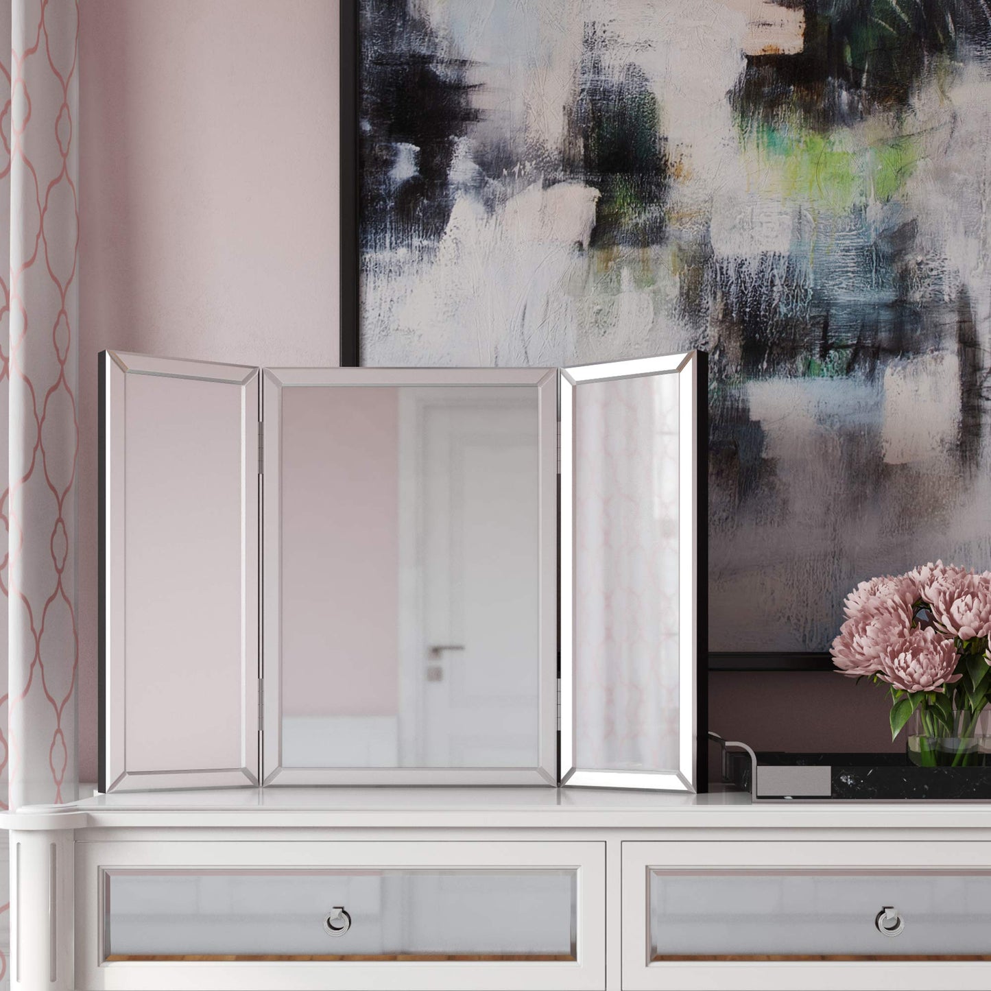 Howard Elliott Collection Tripoli Trifold Vanity Mirror 3 Way TableTop Bedrooms, Bathroom, Makeup Portable Cosmetic & Makeup Mirror with Beveled Edges Tri-fold Mirror, 31 Inch x 21 Inch