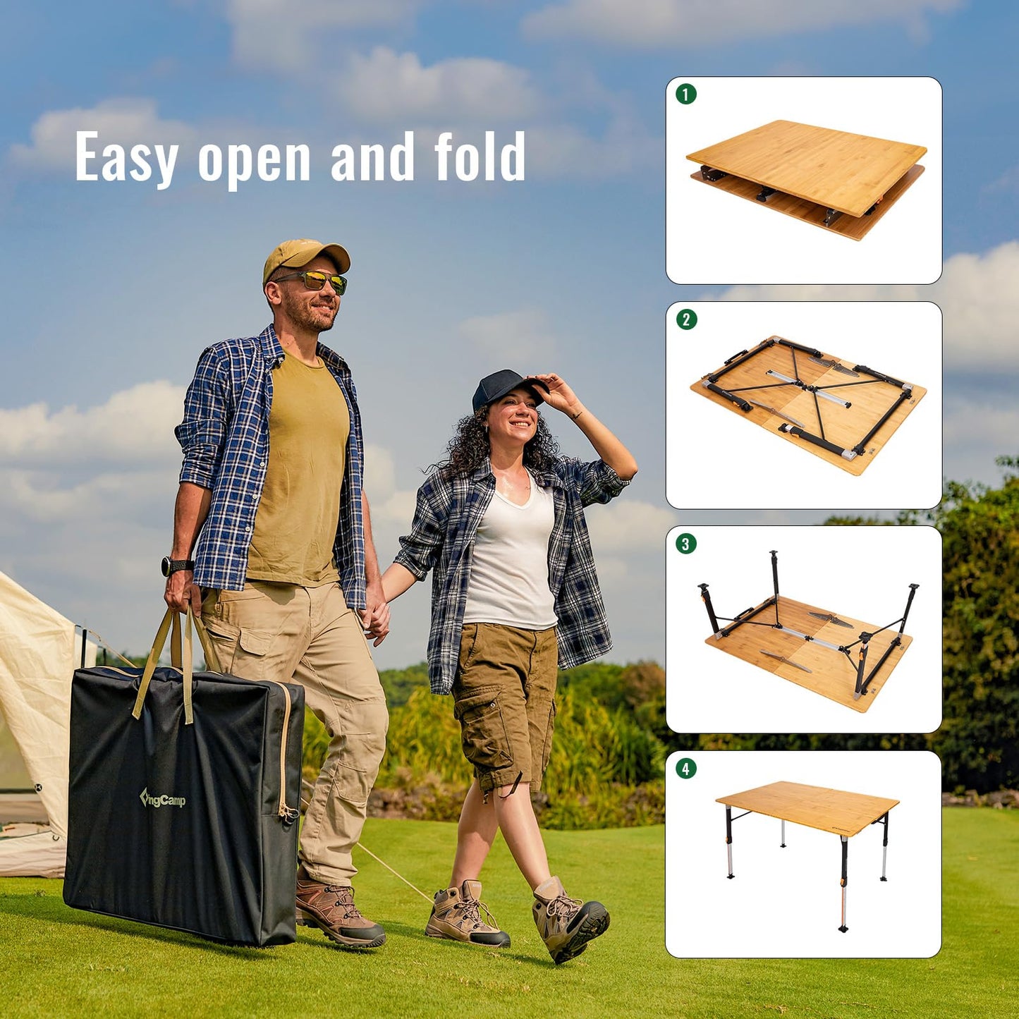 KingCamp Bamboo Folding Table, 2-Fold Camping Adjustable Height Portable Outdoor Lightweight & Compact Table with Aluminum Frame for RV Picnic BBQ