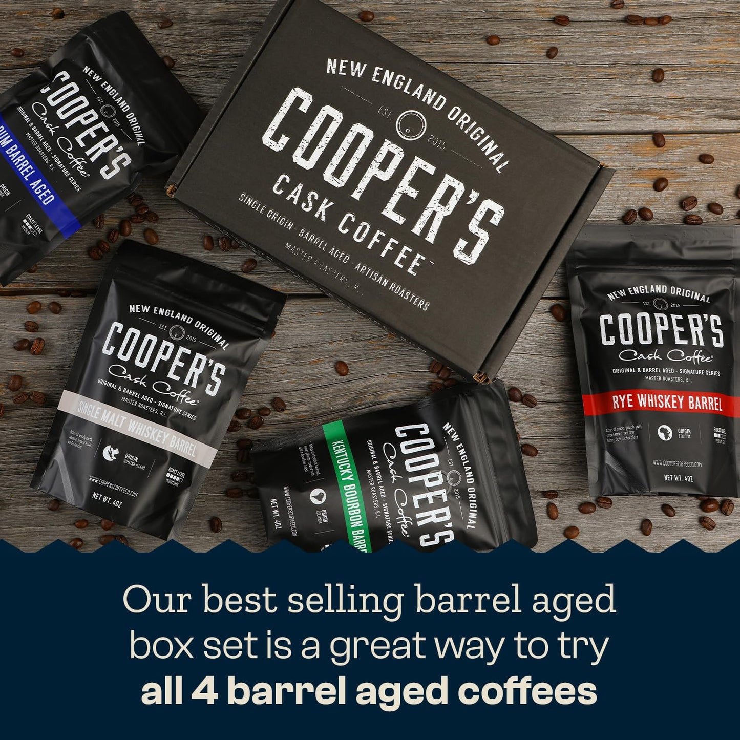Bourbon & Whiskey Barrel Aged Coffee Box Set - 4-Bag Roasted Coffee Sampler- Bourbon Colombian, Malt Whiskey Sumatra, Rye Whiskey Ethiopian, Rum Barrel Rwanda, (Whole Bean, 4 Ounce (Pack of 4))