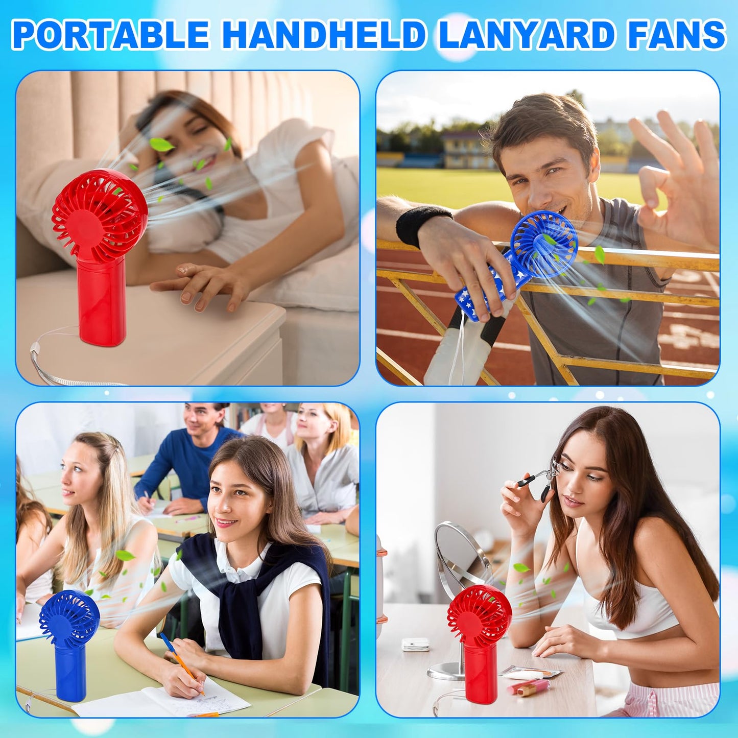 Rossesay 50 Set 4th of July Mini Portable Fans Red White Blue Patriotic Handheld Fans Bulk with Thank You Cards Organza Bags for Summer Independence Day Party Favors, Battery Not Include