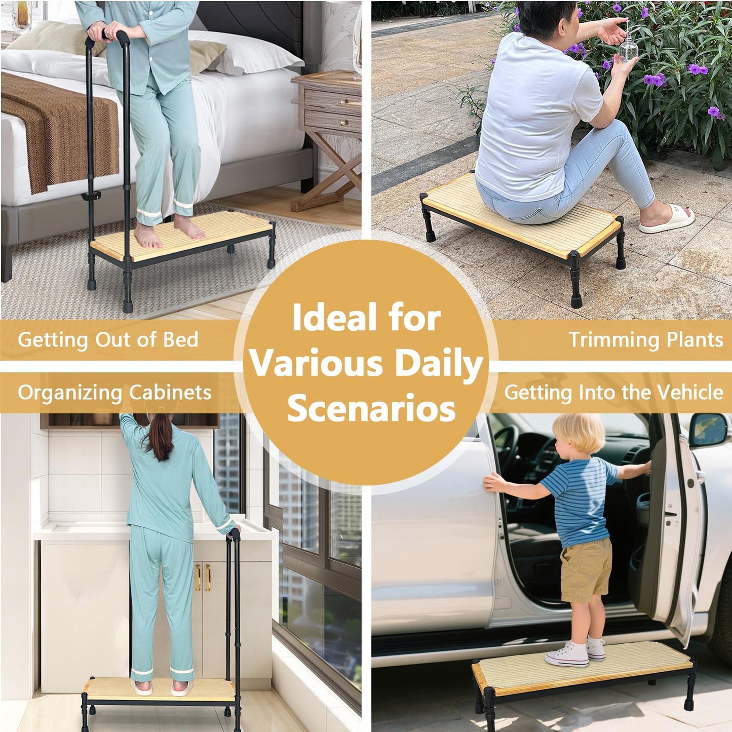 Bed Step Stool with Adjustable Handle for Elderly, Medical Step Stool for Bedside for Adults, 31.5" Long Safety Step Platform, Bed Stool for High Beds, Heavy Duty SUV Stepping Stool with Anti-Slip Mat
