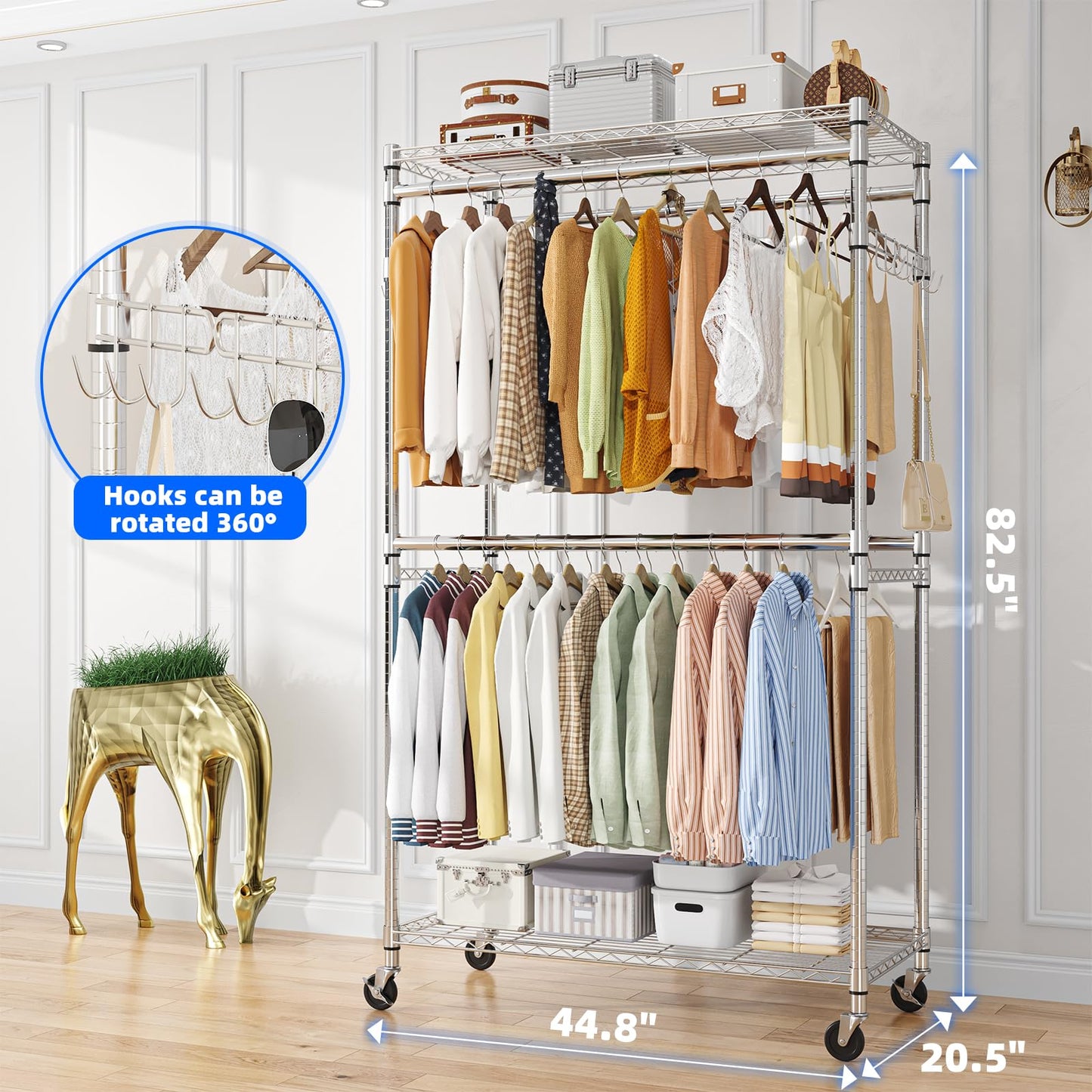 Simple Trending Heavy Duty Clothes Rack Clothing Rack with Wheels and 4 Hanging Rods, Adjustable Rolling Garment Racks, Load 560 LBS, Chrome
