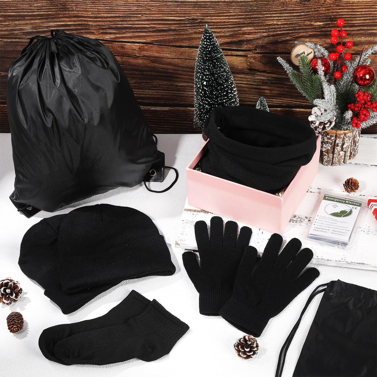 144 Pcs Homeless Care Package Supplies Bulk Winter Beanie Hats Emergency Blankets Sock Gloves Scarf Unisex Draw String Bag Winter Gloves, Scarves, Hats for Charity Church Donation Black